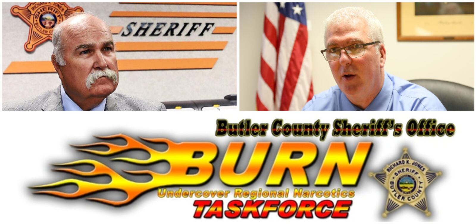 Middletown Police Chief Rodney Muterspaw (top right) announced that his department has joined forces with the Butler Undercover Regional Narcotics Taskforce (BURN), a multi-agency narcotics taskforce operated by Butler County Sheriff Richard Jones (top left).