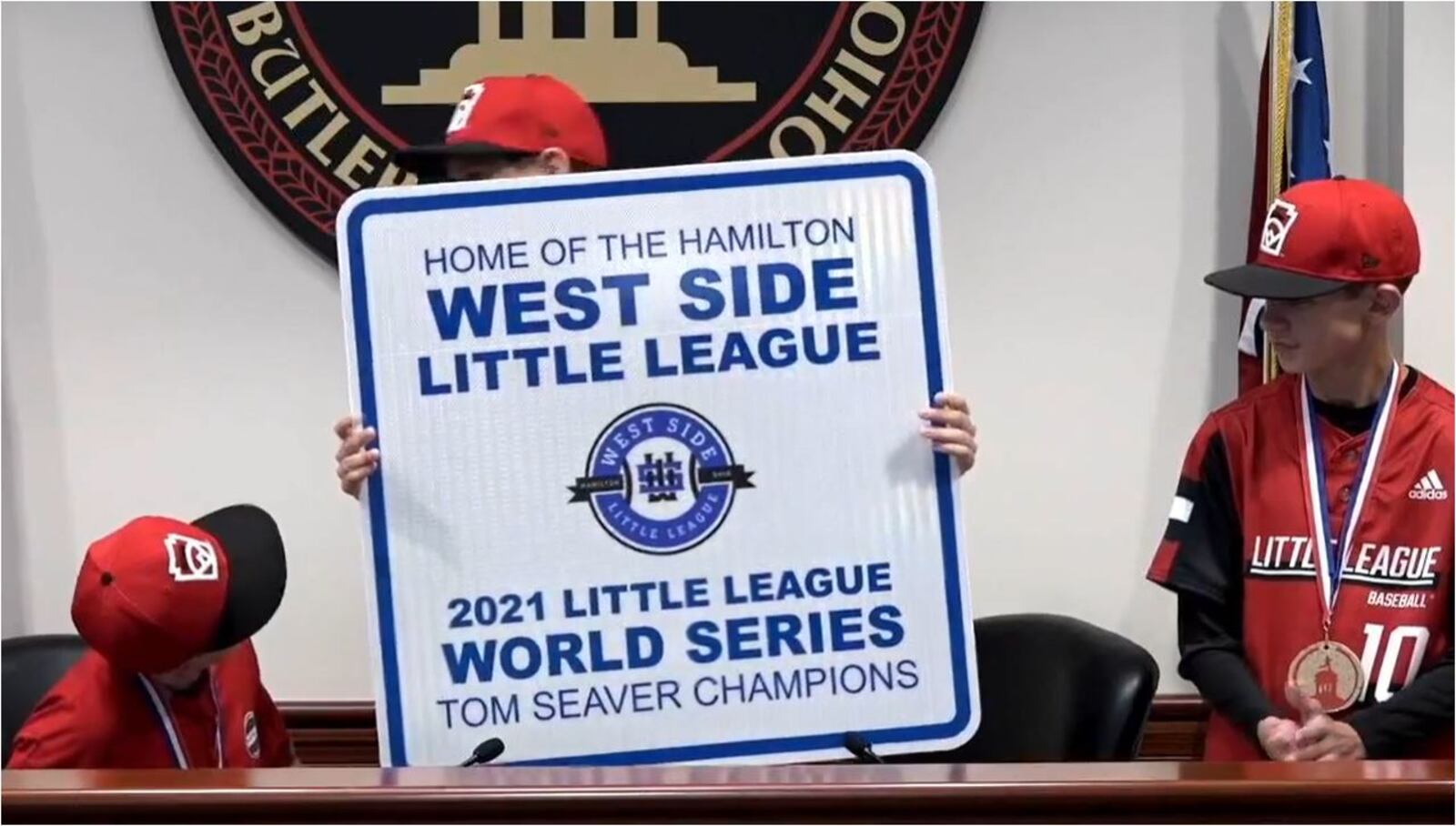 Signs recognizing the West Side Little League, Ohio's first to make the final game of the Little League World Series, will be installed at city entrances, players were told Wednesday. PROVIDED