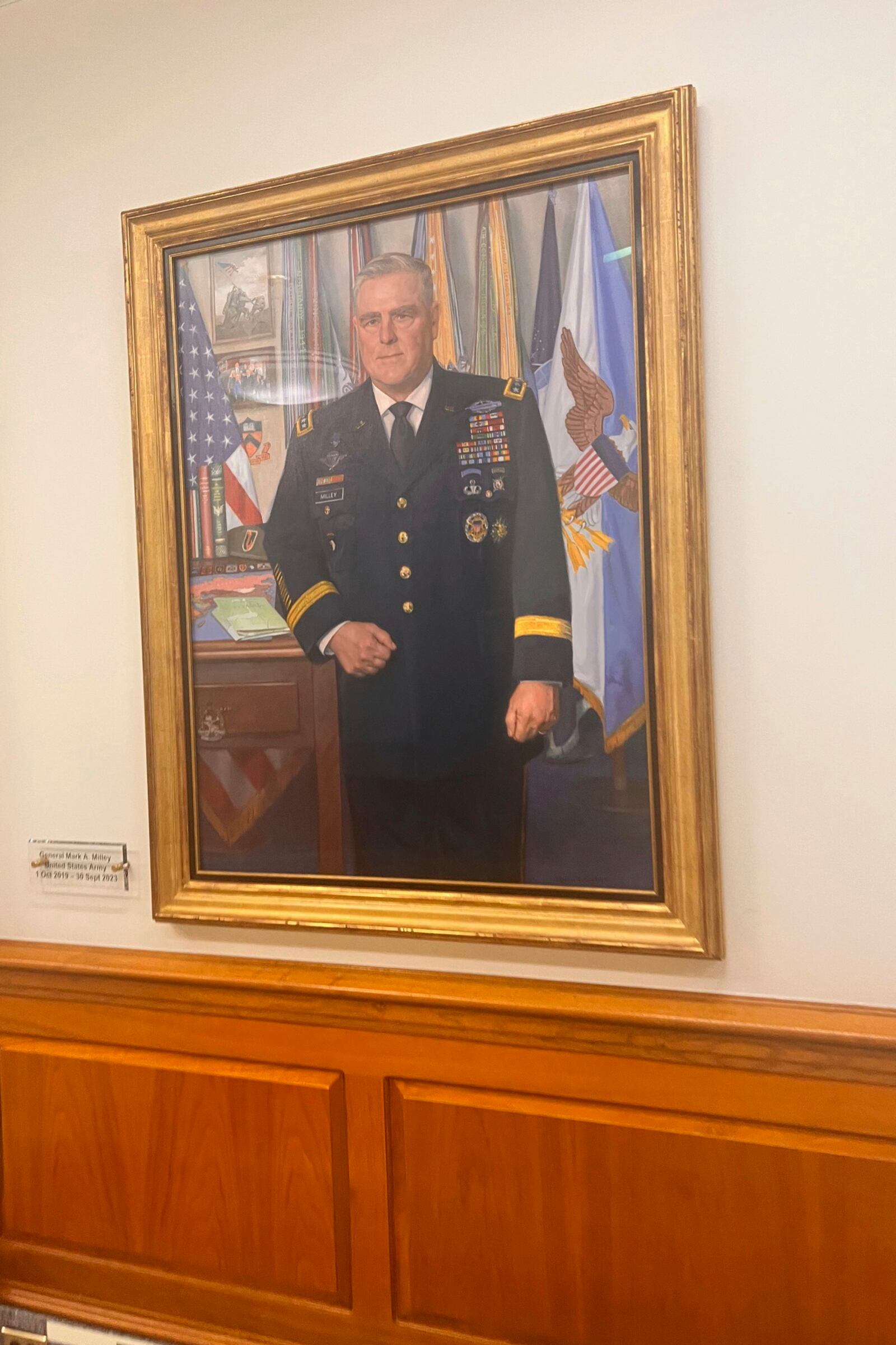 A portrait of retired Gen. Mark Milley is seen at the Pentagon on Monday, Jan. 20, 2025 in Washington. (AP Photo/Tara Copp)