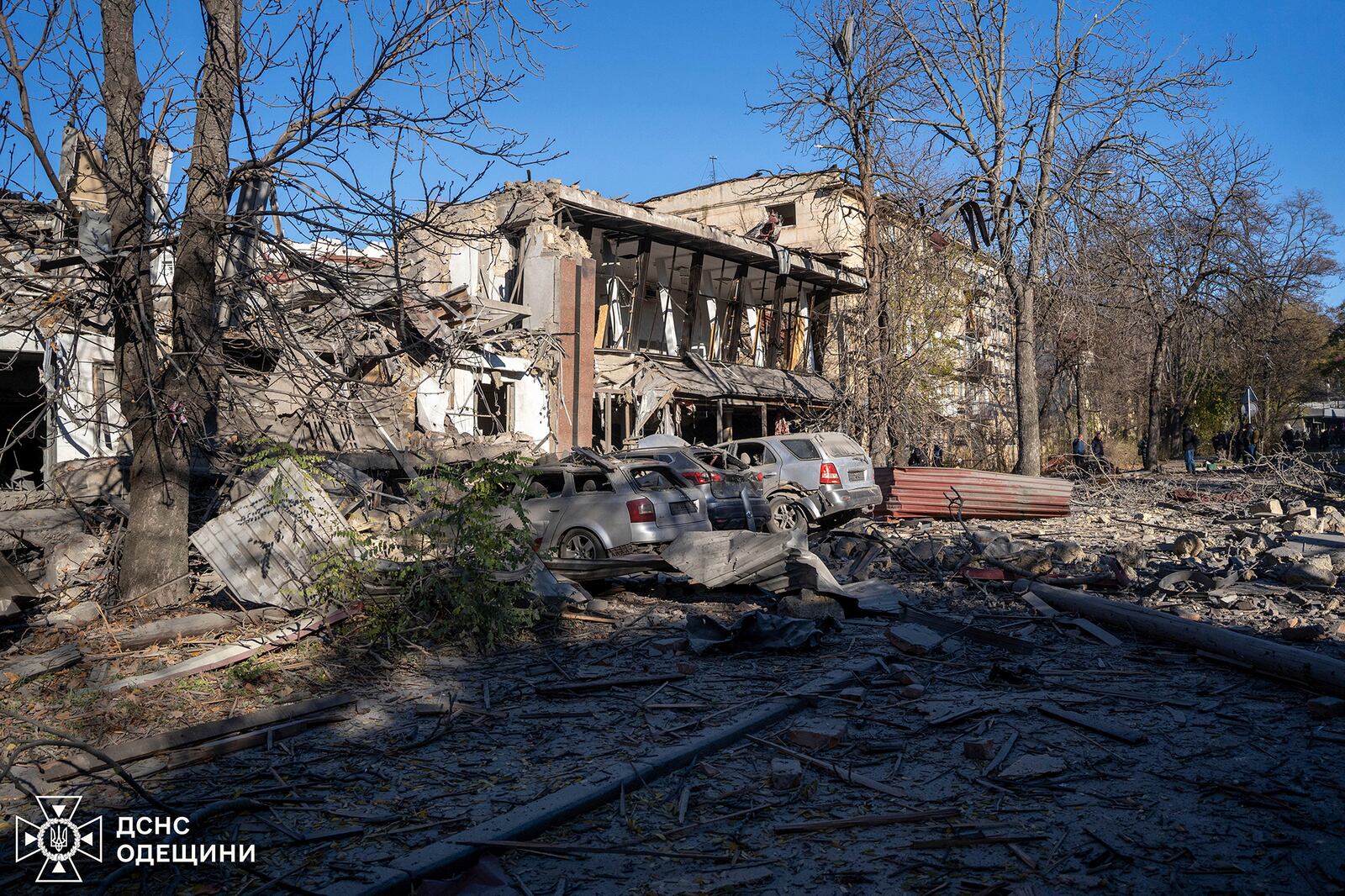 In this photo provided by the Ukrainian Emergency Services on Nov. 25, 2024, a building is seen destroyed by a Russian strike on a residential neighbourhood in Odesa, Ukraine. (Ukrainian Emergency Service via AP)