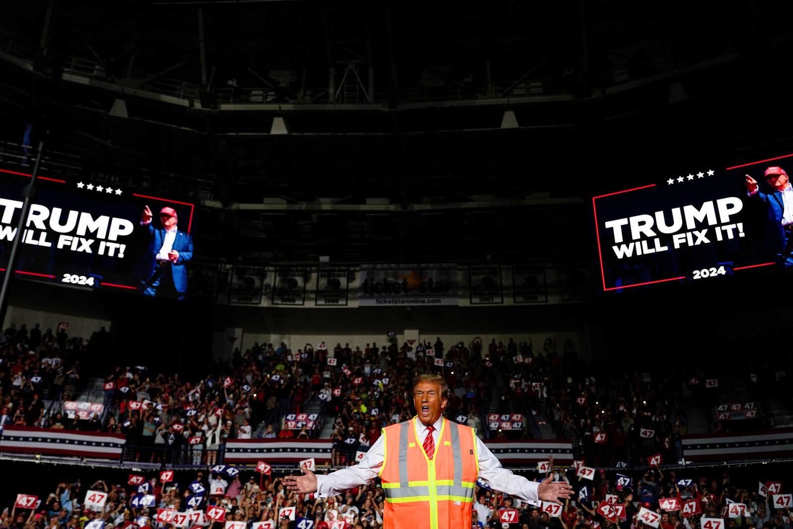 Republican presidential nominee former President Donald Trump arrives to speak at a campaign rally at Resch Center, Wednesday, Oct. 30, 2024, in Green Bay, Wis. (AP Photo/Julia Demaree Nikhinson)