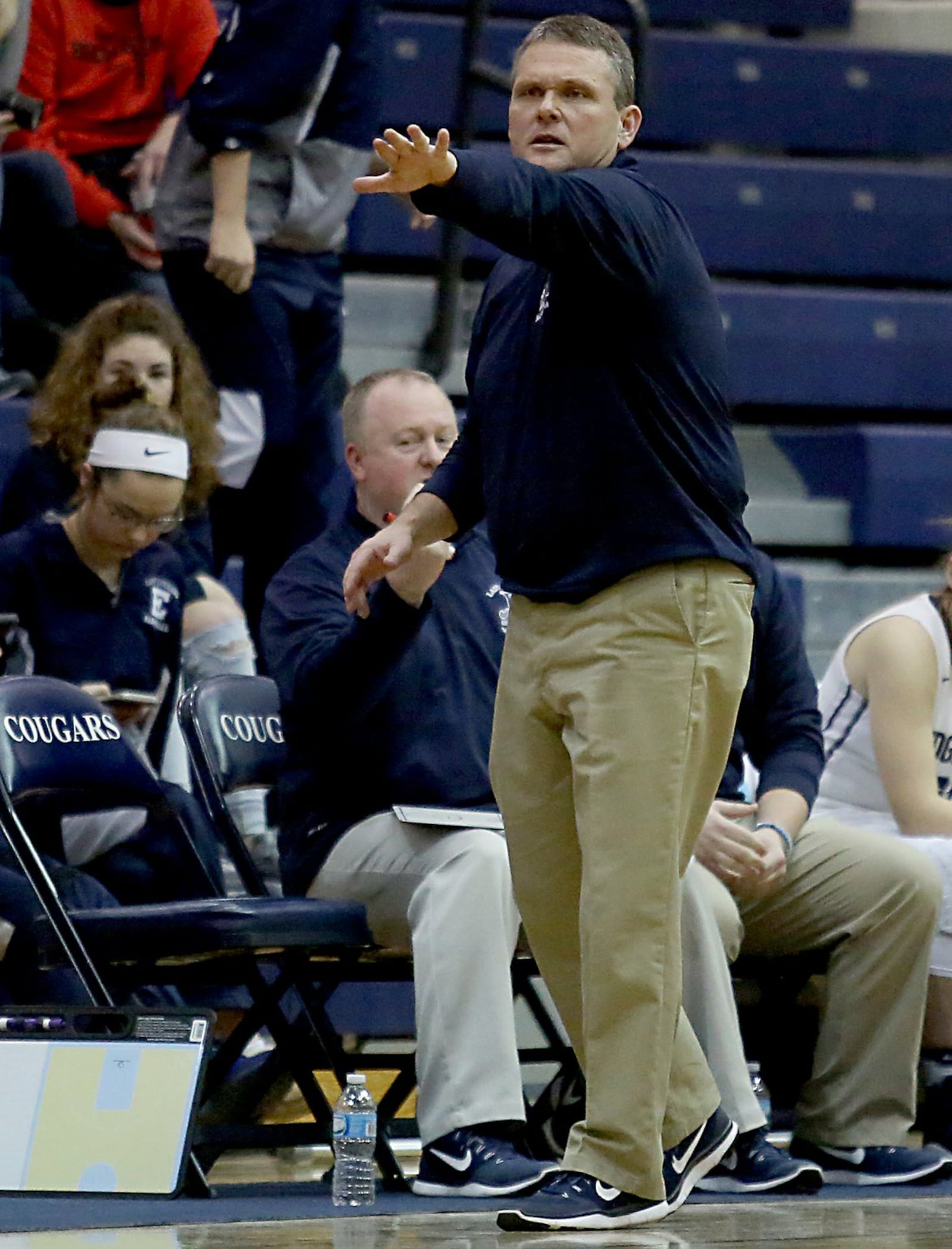 Edgewood coach Greg Brown positions his players during Wednesday night’s game against Talawanda at Ron Kash Court in Trenton. CONTRIBUTED PHOTO BY E.L. HUBBARD