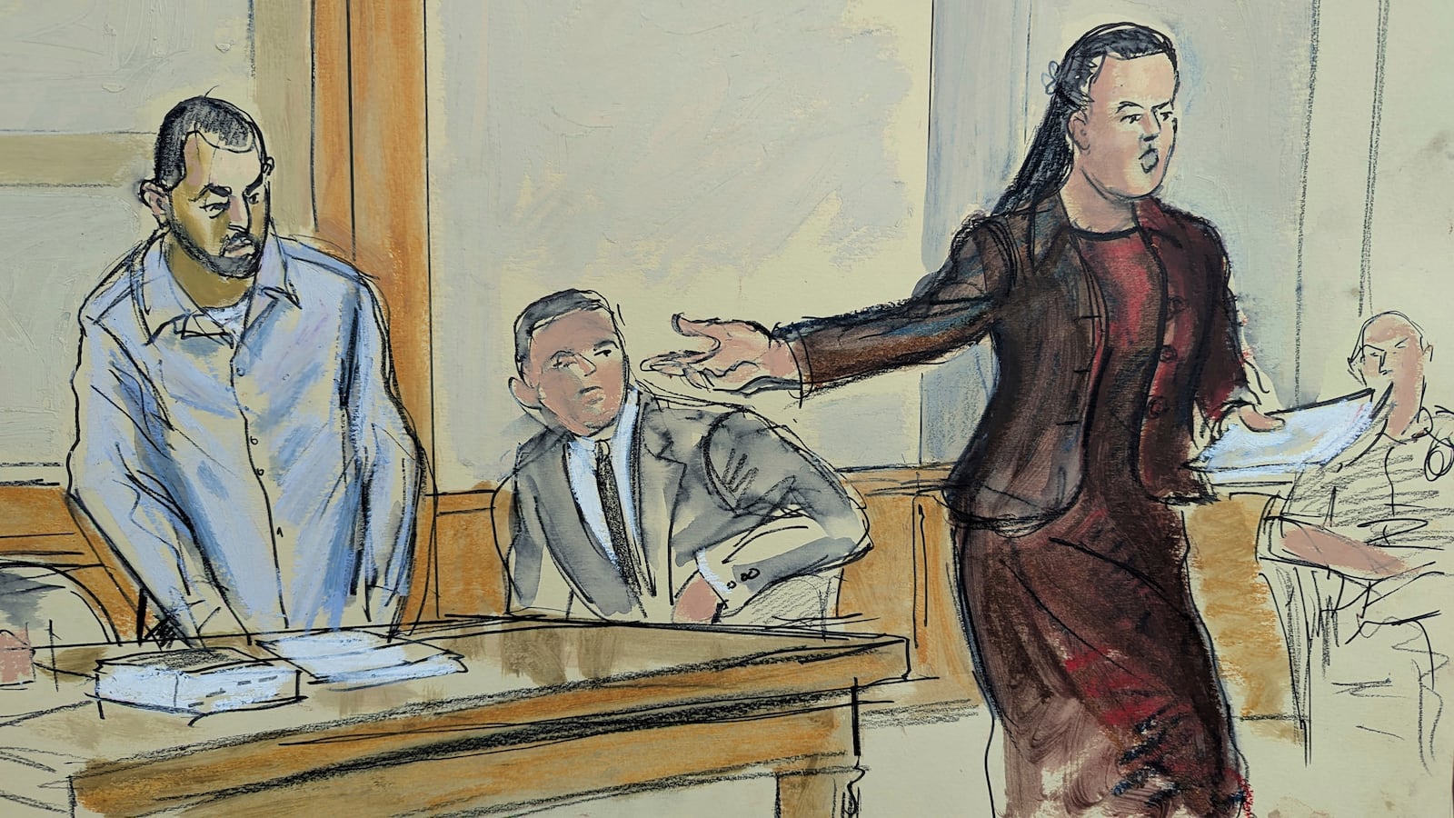 In this courtroom sketch, Public Defender Lynn Shaffer asks her client, Hadi Matar, left, to stand while giving her opening statement in his the trial iin Chautauqua County court, in Mayville, NY, Monday, Feb. 10, 2025. (Elizabeth Williams via AP)