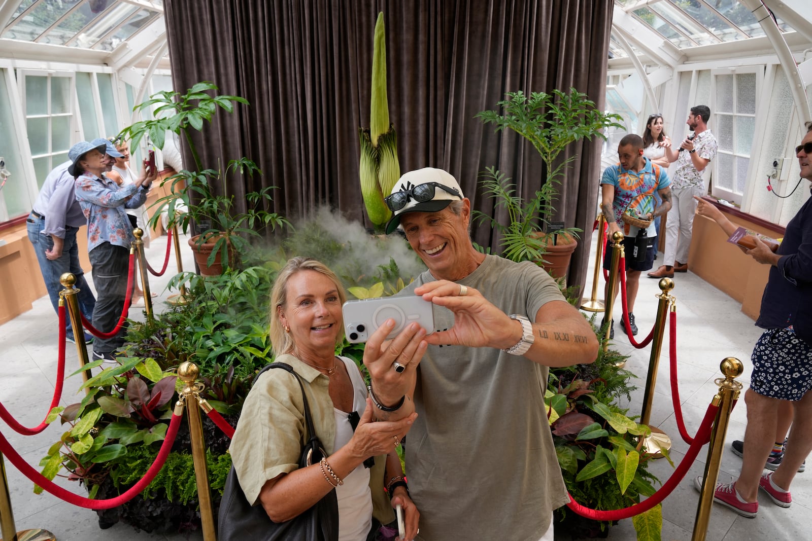 Karen, center left, and Wayne McKay photograph themselves with an endangered plant known as the "corpse flower" for its putrid stink, at the Royal Botanical Gardens in Sydney, Australia, Thursday, Jan. 23, 2025. (AP Photo/Rick Rycroft)