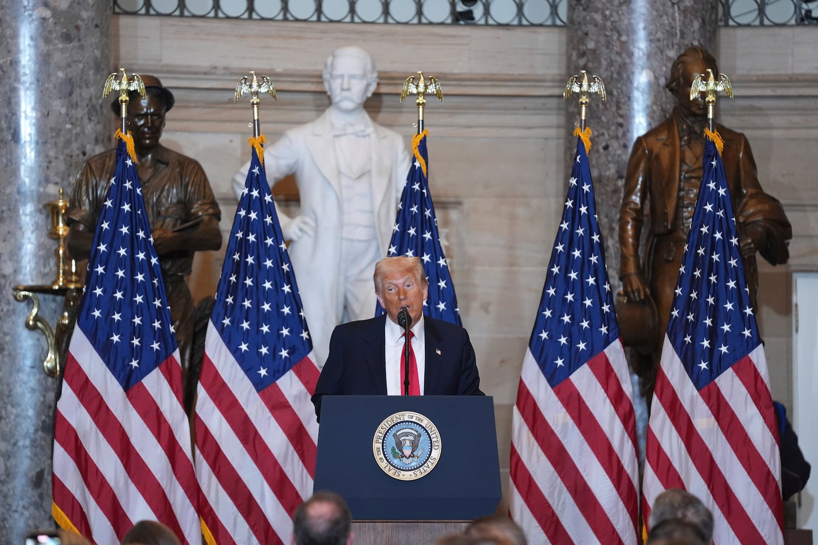 President Donald Trump attends the National Prayer Breakfast on Capitol Hill, Thursday, Feb. 6, 2025, in Washington. (AP Photo/Evan Vucci)