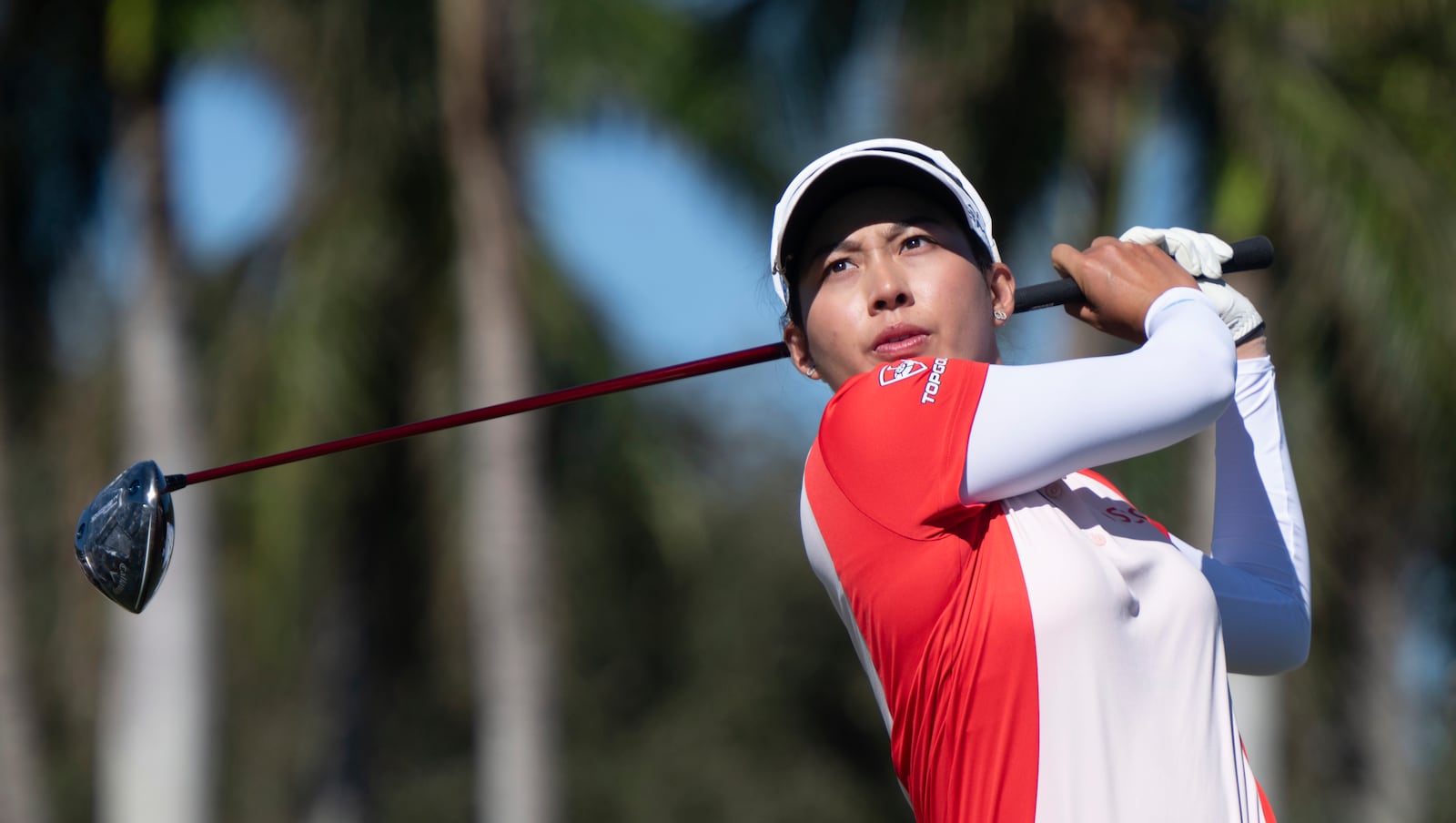 Jeeno Thitikul tees off on the ninth hole during the final round of the LPGA CME Group Tour Championship golf tournament Sunday, Nov. 24, 2024, in Naples, Fla. (AP Photo/Chris Tilley)