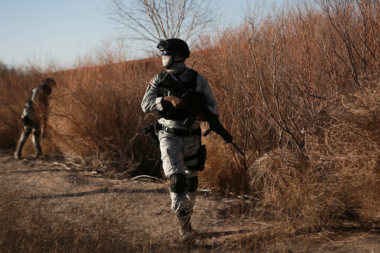 Mexican National Guard members patrol the Mexico-US border in Ciudad Juarez, Wednesday, Feb. 5, 2025. (AP Photo/Christian Chavez)