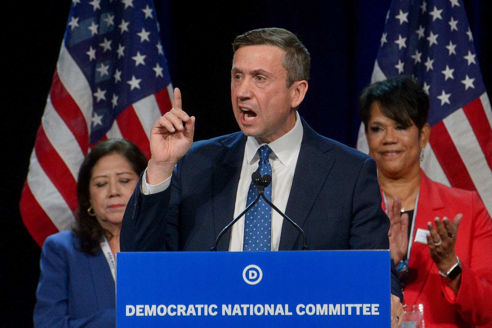 DNC chair candidate Ken Martin speaks at the Democratic National Committee Winter Meeting at the Gaylord National Resort and Convention Center in National Harbor, Md., Saturday, Feb. 1, 2025. (AP Photo/Rod Lamkey, Jr.)