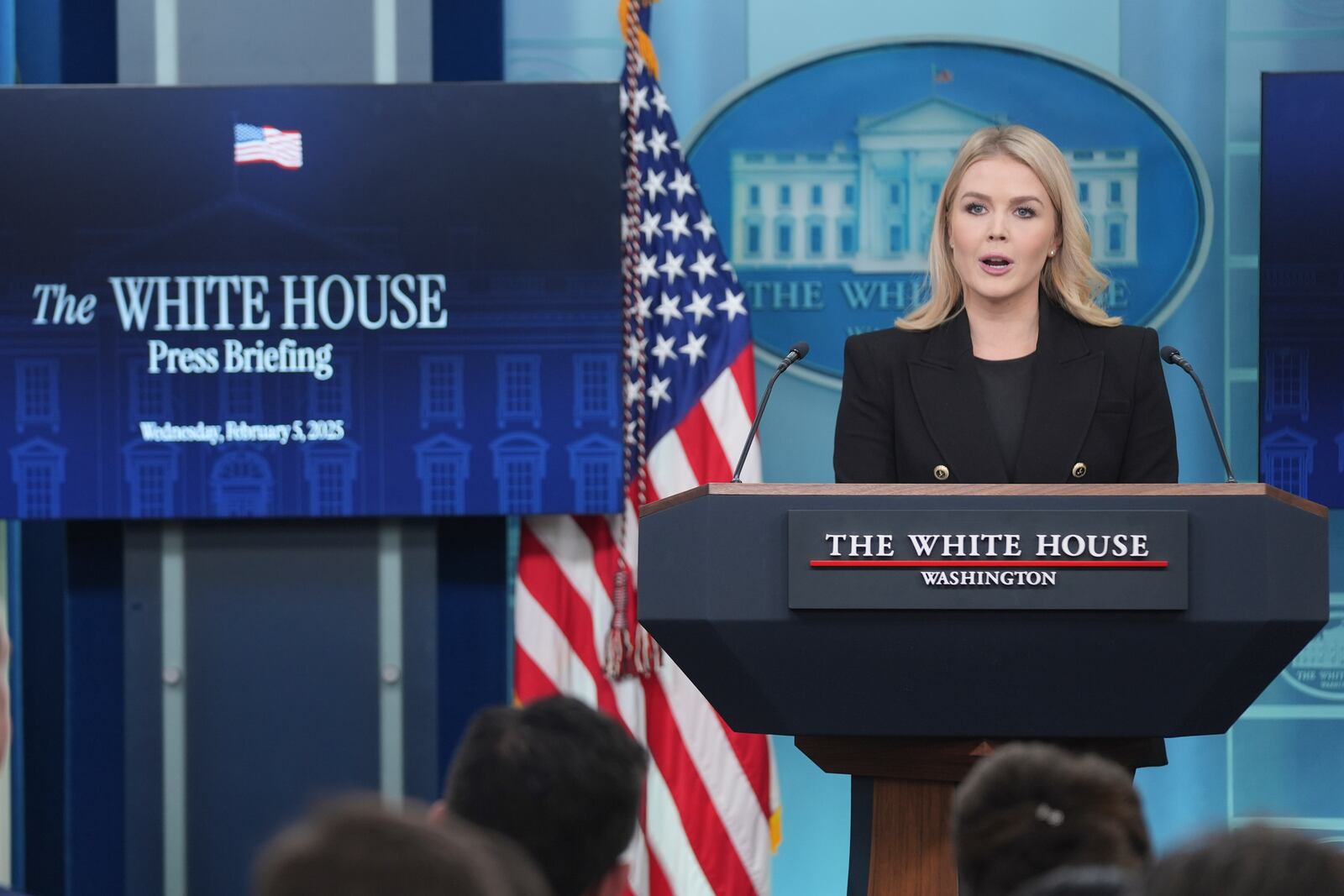 White House press secretary Karoline Leavitt speaks during a briefing at the White House, Wednesday, Feb. 5, 2025, in Washington. (AP Photo/Evan Vucci)