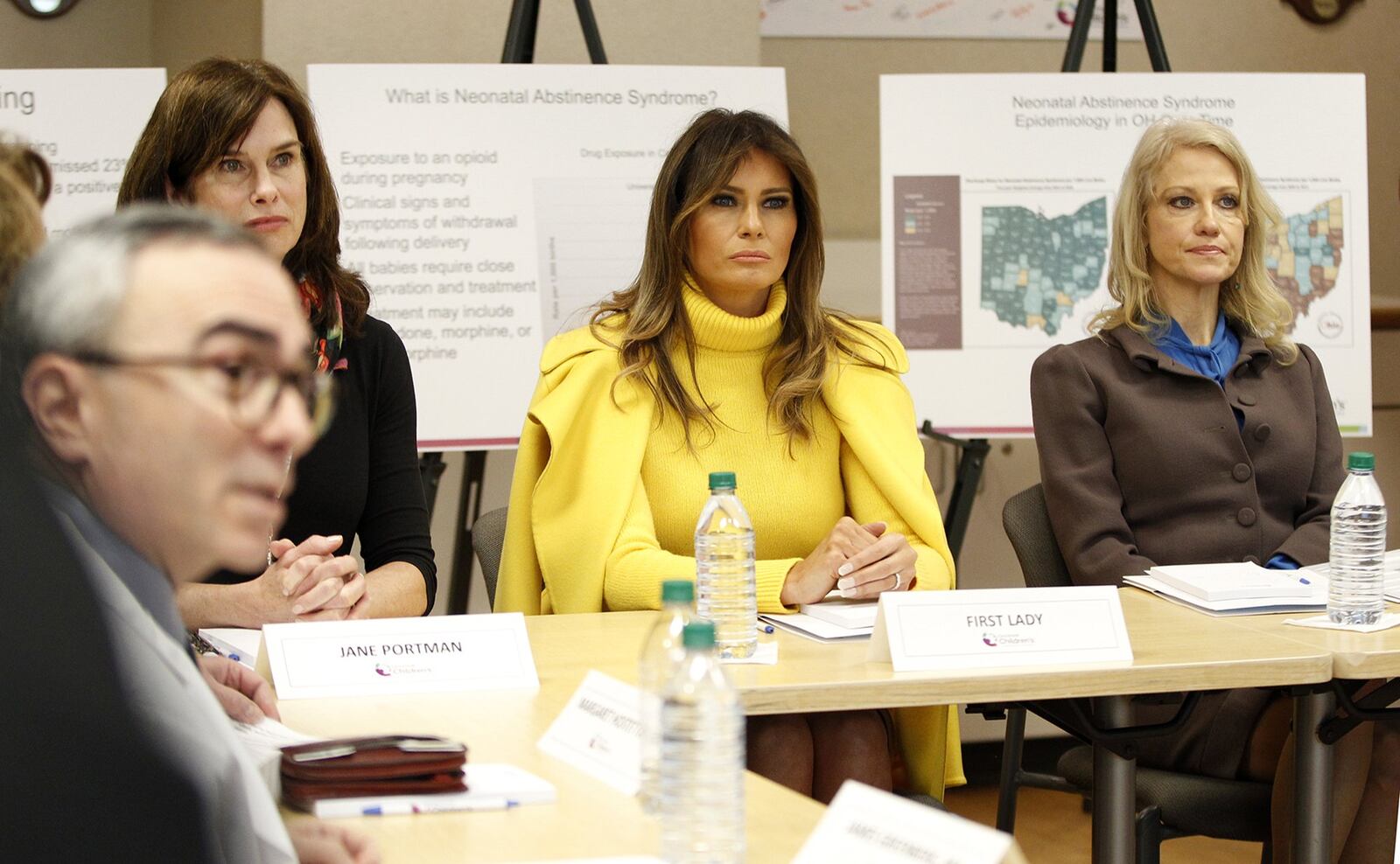 First Lady Melania Trump (center), Jane Portman, wife of Sen. Rob Portman (left) and Kellyanne Conway, councelor to the president, take part in an informational gathering on teh opioid crisis at Cincinnati Children’s Hospital Monday. LISA POWELL / STAFF