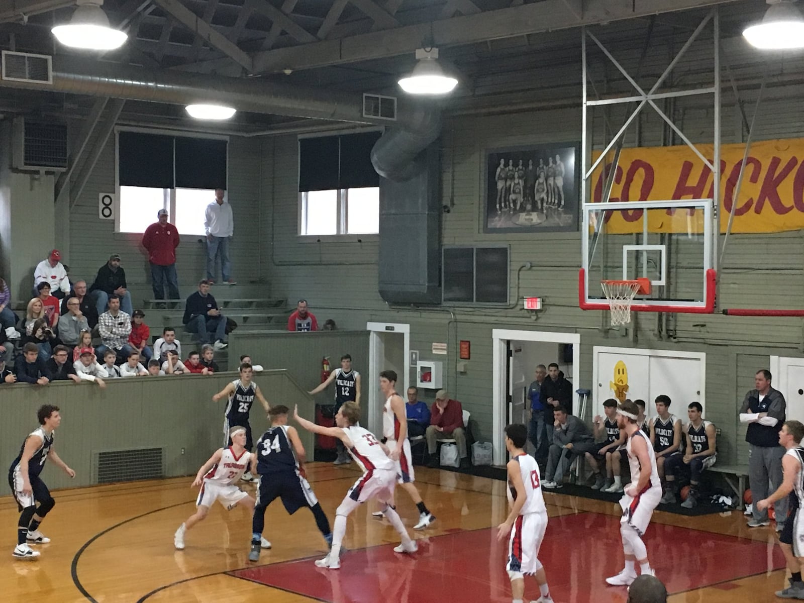 Talawanda’s Josh DeWitt (33) and Craig James (22) close in on Jordan Floyd (34) of Franklin County (Ind.) during Saturday afternoon’s game at the Hoosier Gym in Knightstown, Ind. RICK CASSANO/STAFF