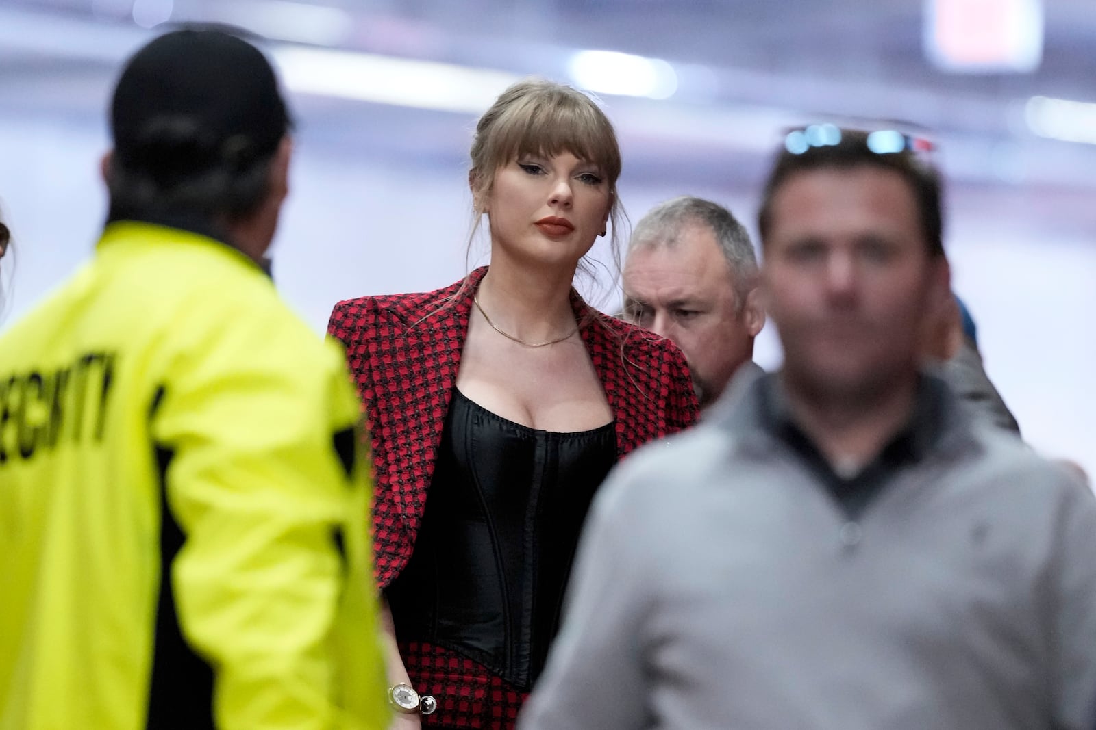 FILE - Taylor Swift arrives before an NFL football game between the Kansas City Chiefs and the Denver Broncos Sunday, Nov. 10, 2024, in Kansas City, Mo. (AP Photo/Ed Zurga, File)