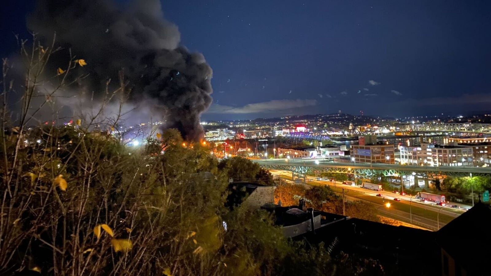 A smoke plume from I-471 fire is seen from Mt. Adams on Friday morning, Nov. 1, 2024. KATIE CEPERO/CONTRIBUTED TO WCPO