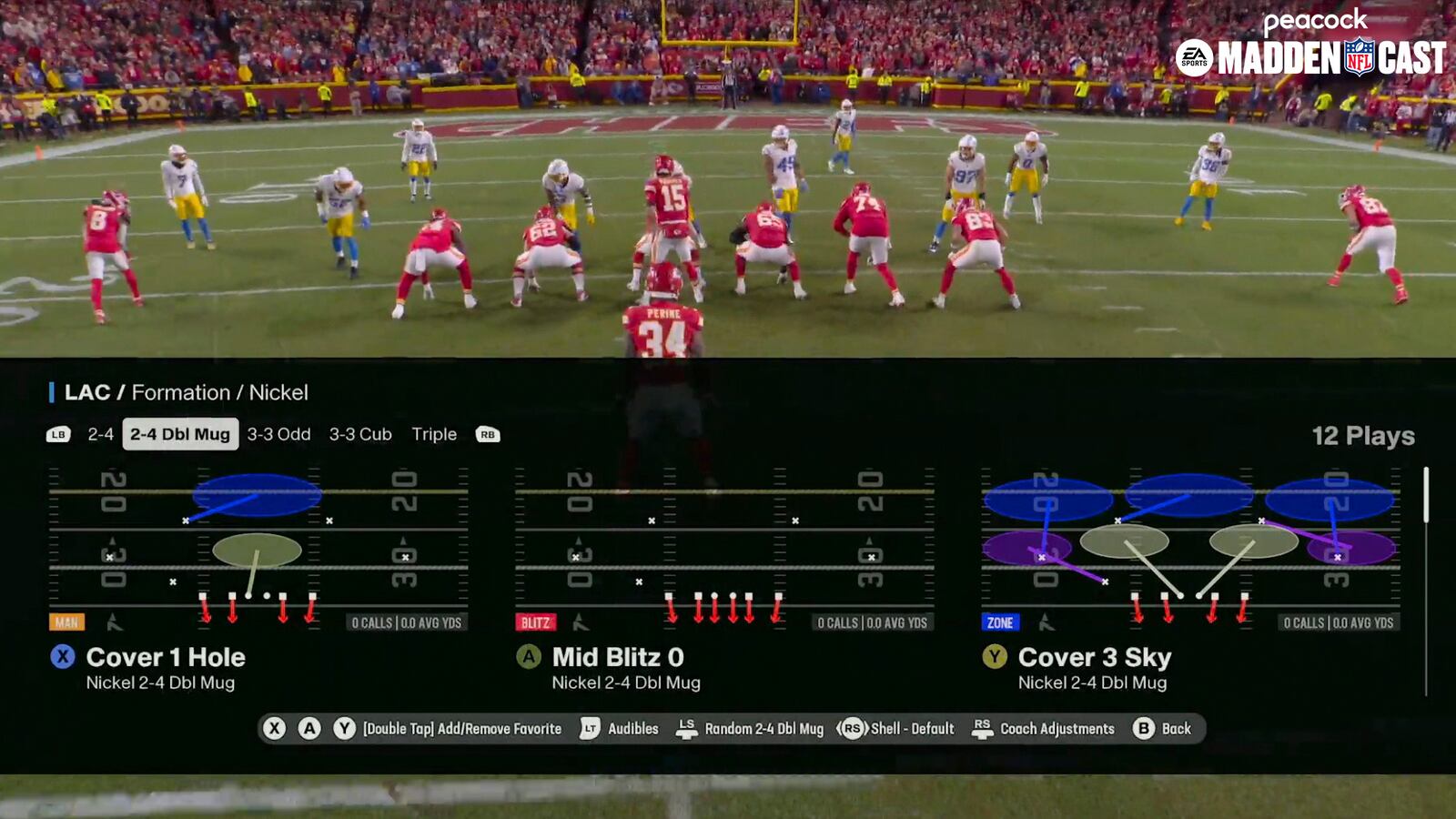 This image provided by NBC shows the Los Angeles Chargers defensive playbook from the Madden NFL video game before a play in a test game between the Los Angeles Chargers and Kansas City Chiefs on Dec. 8, 2024. NBC Sports will be doing a Madden NFL alternate broadcast on Peacock for the Saturday, Dec. 21, 2024, game between the Houston Texans and Kansas City Chiefs. This is the first time NBC is doing an alternate broadcast of an NFL game. (NBC via AP)