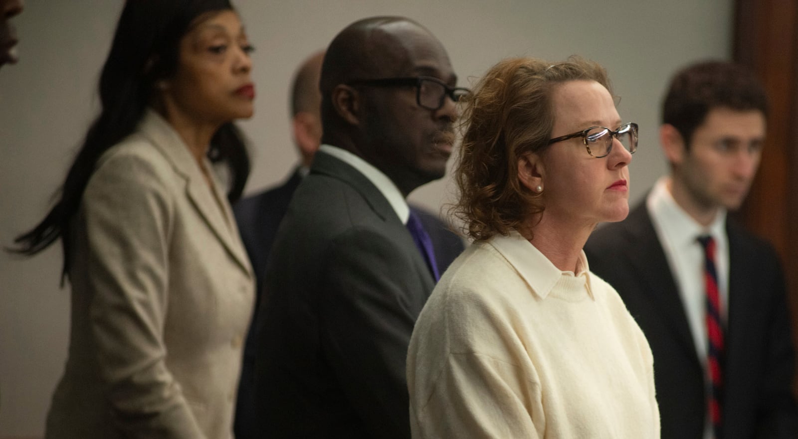 Former Brunswick Judicial Circuit Jackie Johnson stands with her defense team as court opens Thursday, Jan. 30, 2025, in Brunswick, Ga., where she is being tried on charges of violating her oath of office and obstruction of justice in the death of Ahmaud Arbery. (Terry Dickson/The Brunswick News via AP, Pool)