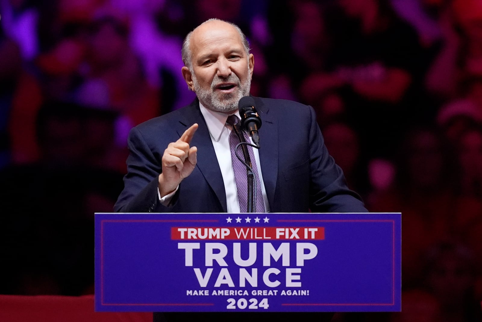 FILE - Howard Lutnick speaks at a campaign rally, Oct. 27, 2024, in New York. (AP Photo/Evan Vucci, File)