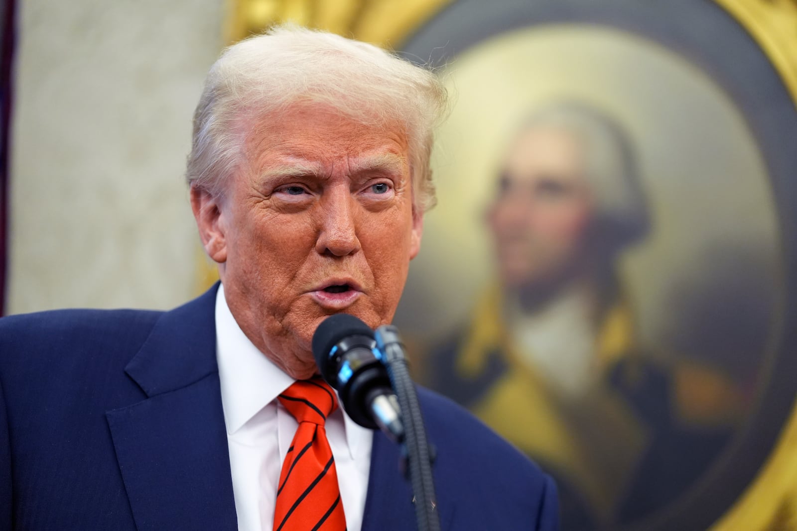 President Donald Trump speaks before Pam Bondi is sworn in as Attorney General by Supreme Court Associate Justice Clarence Thomas, in the Oval Office of the White House, Wednesday, Feb. 5, 2025, in Washington. (AP Photo/Evan Vucci)