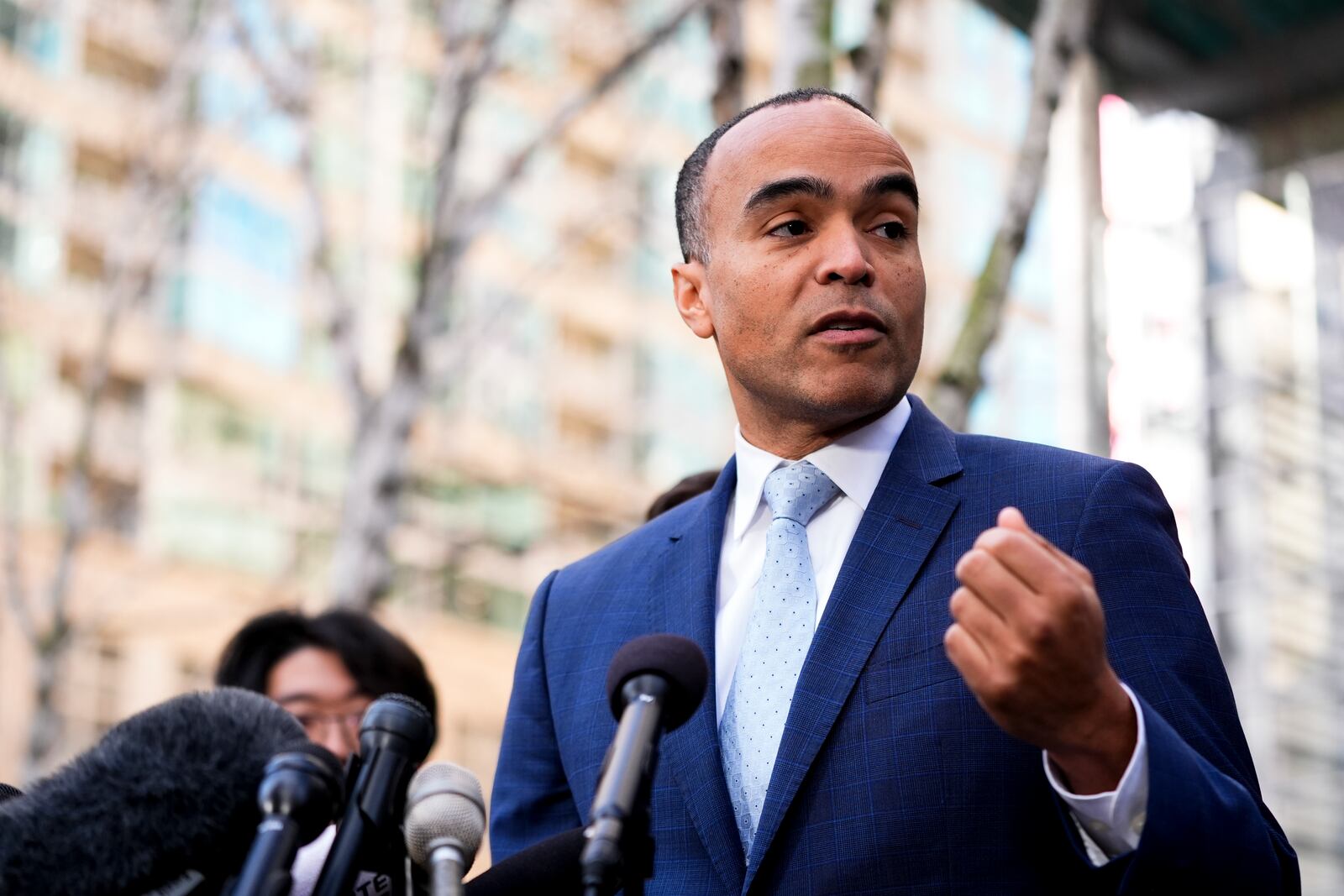 Washington Attorney General Nick Brown speaks during a press availability after a federal judge temporarily blocked President Donald Trump's executive order aimed at ending birthright citizenship in a case brought by the states of Washington, Arizona, Illinois and Oregon, on Thursday, Jan. 23, 2025, in Seattle. (AP Photo/Lindsey Wasson)