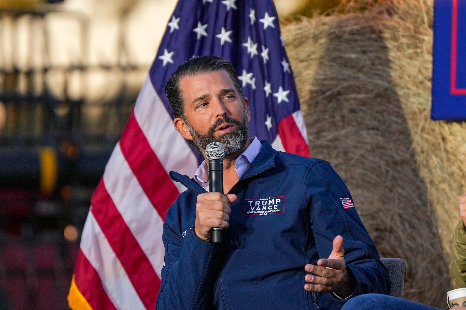 Donald Trump Jr. speaks during a campaign event in support of Republican presidential candidate former President Donald Trump, Friday, Oct. 18, 2024, in Red Springs, N.C. (AP Photo/David Yeazell)