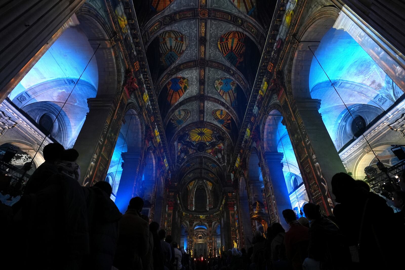 Video projections are seen Thursday Oct.31, 2024 at the Saint-Sulpice church in Paris. (AP Photo/Marine Lesprit)