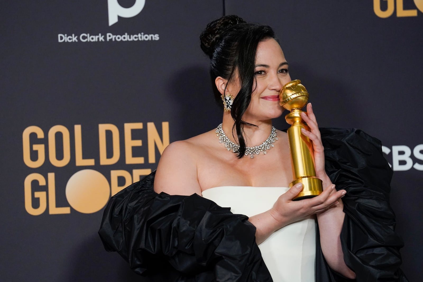 FILE - Lily Gladstone poses in the press room with the award for best performance by an actress in a motion picture, drama for "Killers of the Flower Moon" at the 81st Golden Globe Awards on Sunday, Jan. 7, 2024, at the Beverly Hilton in Beverly Hills, Calif. (AP Photo/Chris Pizzello, File)