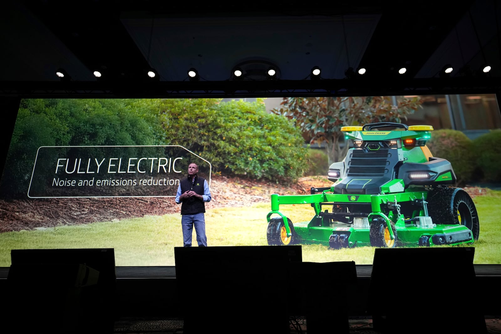 Igino Cafiero, director of high value crop autonomy at John Deere, speaks during a John Deere news conference ahead of the CES tech show Monday, Jan. 6, 2025, in Las Vegas. (AP Photo/Abbie Parr)