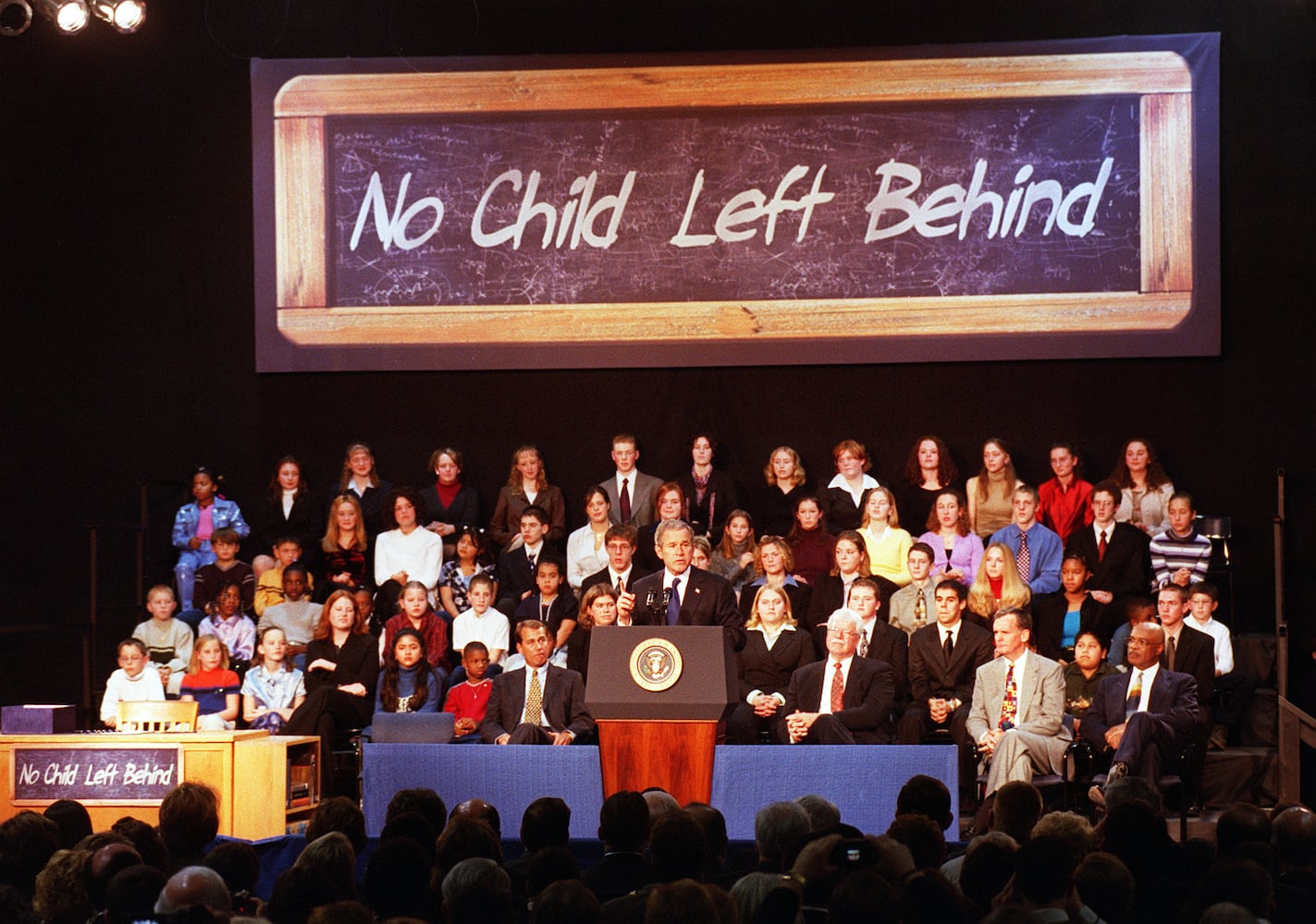 President George W. Bush signing No Child Left Behind Act at Hamilton High School Jan. 8, 2002.