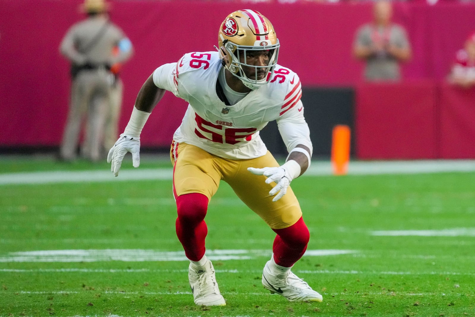 FILE - San Francisco 49ers defensive end Leonard Floyd (56) during their NFL football game against the Arizona Cardinals, Jan. 5, 2025, in Glendale, Ariz. (AP Photo/Darryl Webb, file)