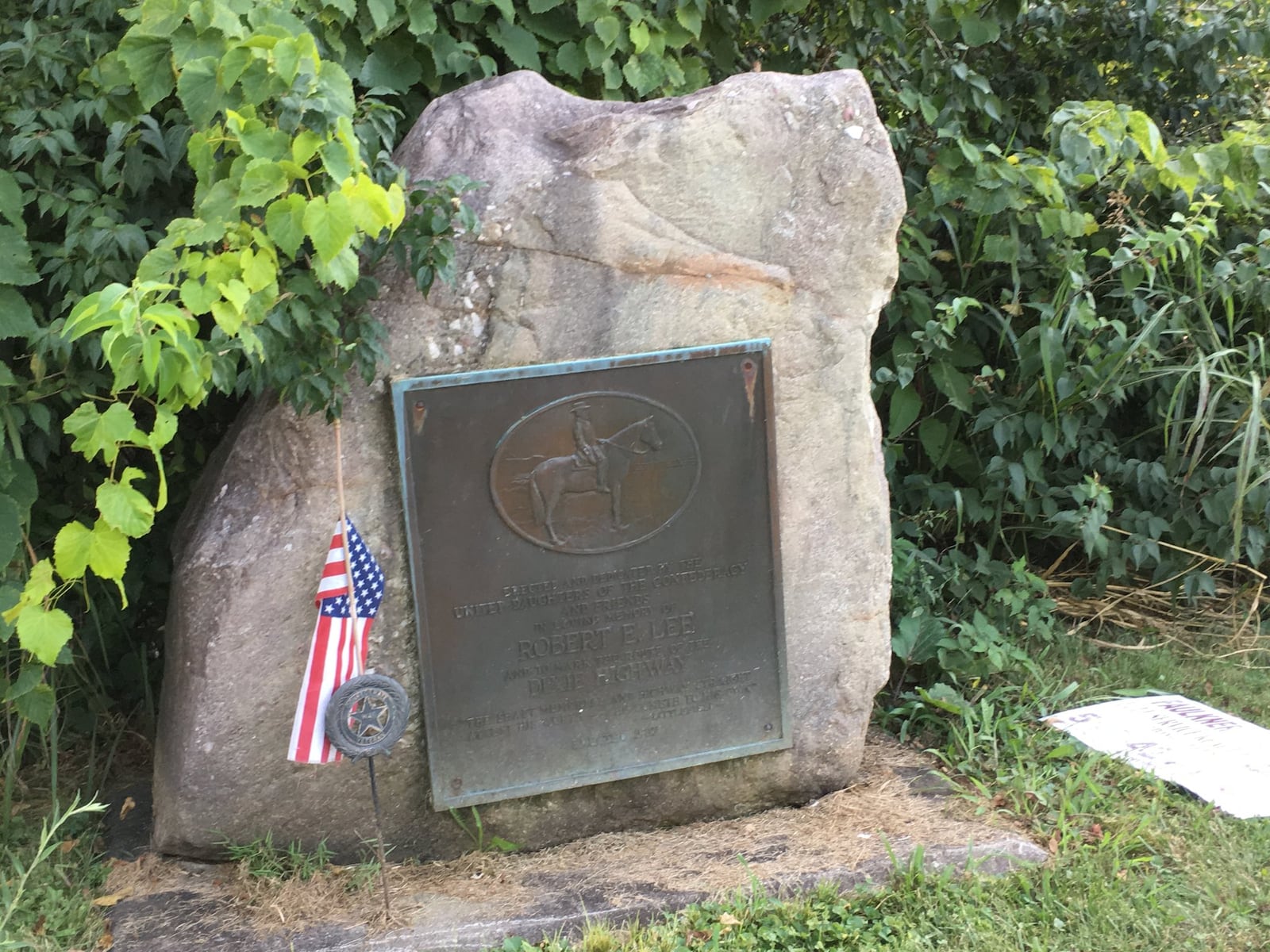 The marker honoring Confederate Gen. Robert E. Lee stood for 90 years at the corner of South Dixie Highway and Hamilton-Middletown Road. The marker was removed last summer after it was found to be in the right-of-way for Dixie Highway. Franklin Twp. officials are working with the United Daughters of the Confederacy and the Franklin Fraternal Order of Eagles lodge to put the marker back on public display. ED RICHTER/STAFF