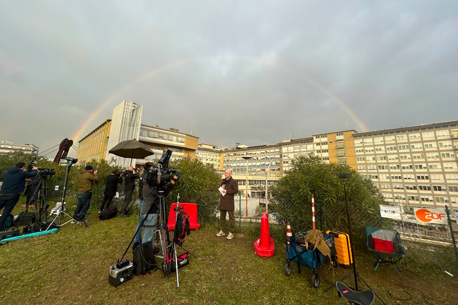 A rainbow shines over the Agostino Gemelli Polyclinic in Rome, Tuesday, Feb. 18, 2025, where Pope Francis was hospitalized Friday, Feb. 14, after a weeklong bout of bronchitis worsened and is receiving drug therapy for a respiratory tract infection. (AP Photo/Gregorio Borgia)