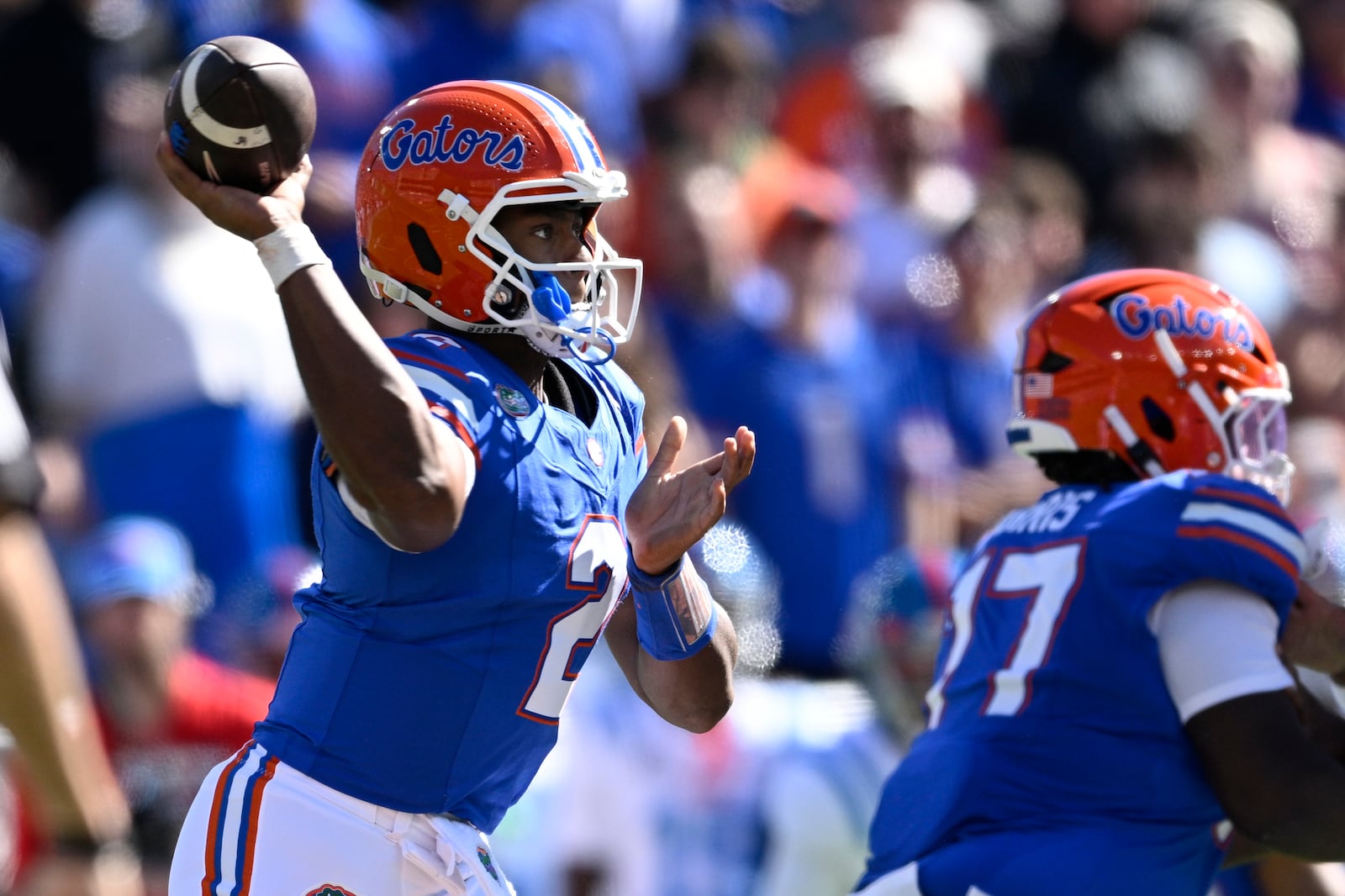 Florida quarterback DJ Lagway (2) throws a pass against Mississippi during the first half of an NCAA college football game, Saturday, Nov. 23, 2024, in Gainesville, Fla. (AP Photo/Phelan M. Ebenhack)