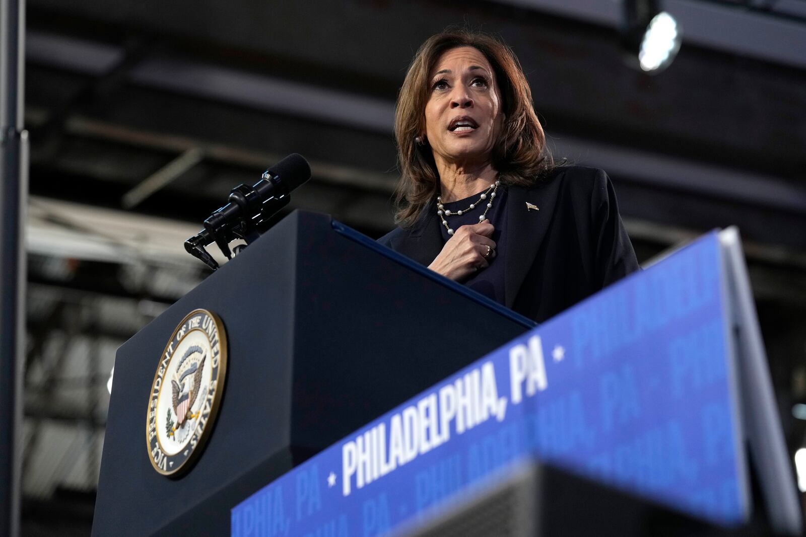 Democratic presidential nominee Vice President Kamala Harris speaks during a community rally at the Alan Horwitz "Sixth Man" Center, Sunday, Oct. 27, 2024, in Philadelphia. (AP Photo/Susan Walsh)