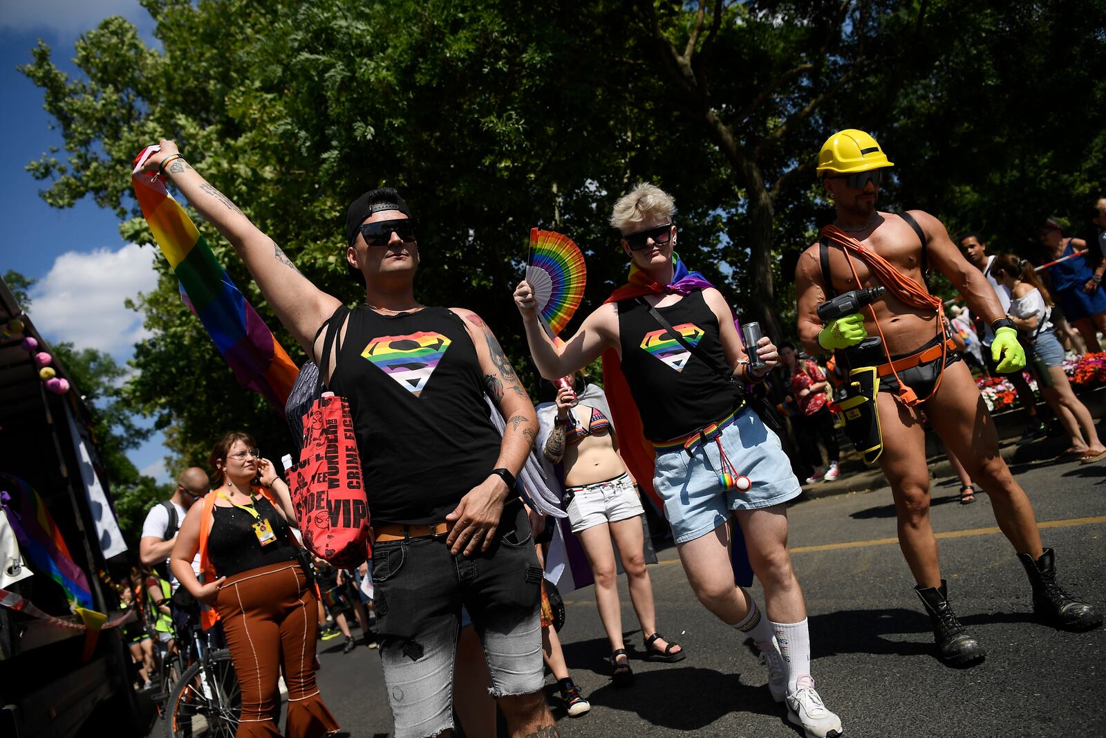 FILE - Participants march during the 28th Budapest Pride parade in Budapest, Hungary, Saturday, July 15, 2023. (Tamas Kovacs/MTI via AP, file)