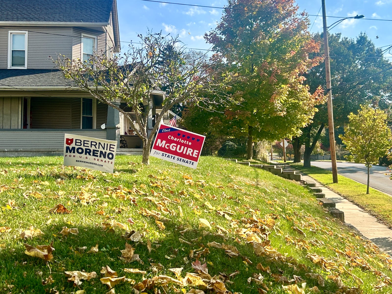 A Miamisburg home on Linden Avenue dons a yard sign for Charlotte McGuire, a candidate for Ohio Senate District 6, despite Miamisburg being recently removed from Ohio's Senate District 6.