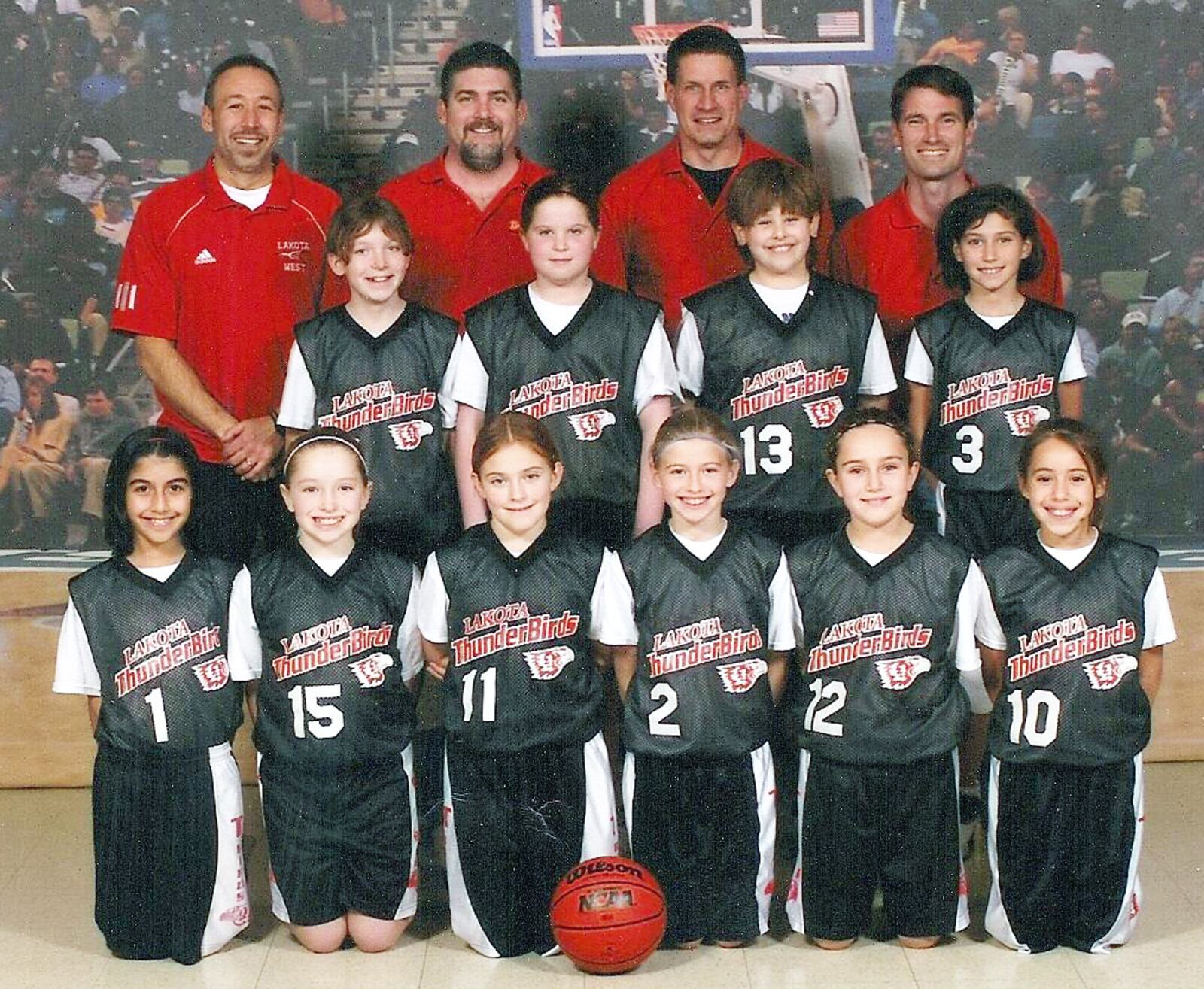 The Lakota Thunderbirds fourth-grade girls select basketball team completed a 24-0 season in 2007. Back row: Head coach Andy Fishman and assistant coaches Marty Limbert, Scott Cannatelli and Jim Aull. Middle row: Claire Limbert, Alecia Catron, Maria Zink and Lara Aull. Front row: Niki Moftakhar, Jordan Hollmeyer, Mattina Girardot, Cara Nichols, Lauren Cannatelli and Blake Fishman. PHOTO COURTESY OF ALL-STAR DIGITAL