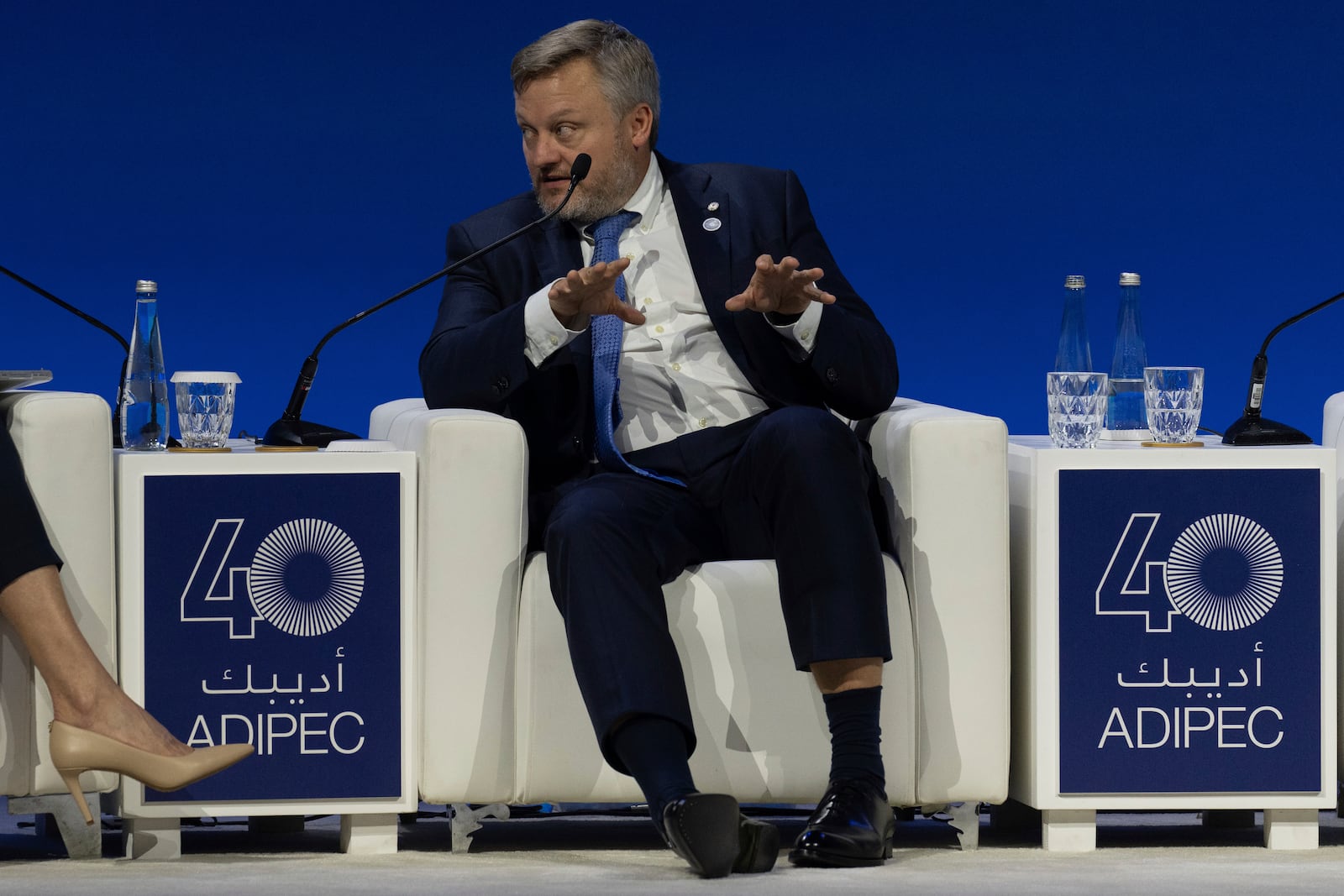 Murray Auchincloss CEO BP talks in a panel during the Abu Dhabi International Petroleum Exhibition & Conference (ADIPEC) in Abu Dhabi, United Arab Emirates, Monday, Nov. 4, 2024. (AP Photo/Altaf Qadri)