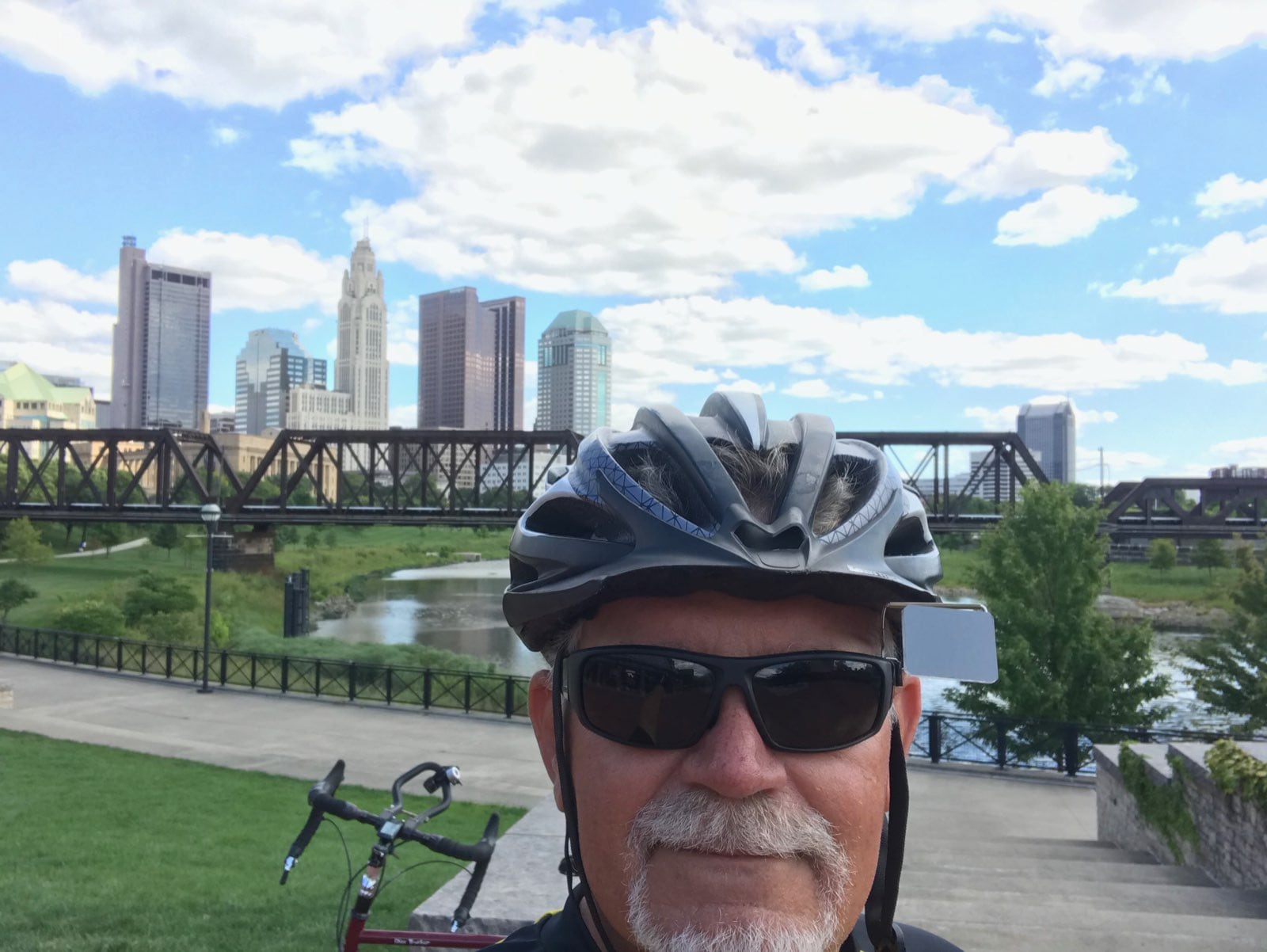 With the novel coronavirus, COVID-19, there cannot be a Great American Bike Rally this year, so co-organizer Dean Bruewer embarked earlier this month on a 300-plus-mile fundraiser to help fill the void. Pictured is Bruewer on Sept. 9, 2020, in Columbus. He arrived in Cleveland on Saturday, Sept. 12, 2020. PROVIDED