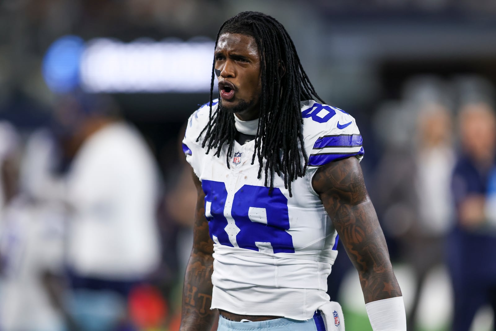 Dallas Cowboys wide receiver CeeDee Lamb reacts during the second half of an NFL football game against the Houston Texans, Monday, Nov. 18, 2024, in Arlington, Texas. (AP Photo/Gareth Patterson)