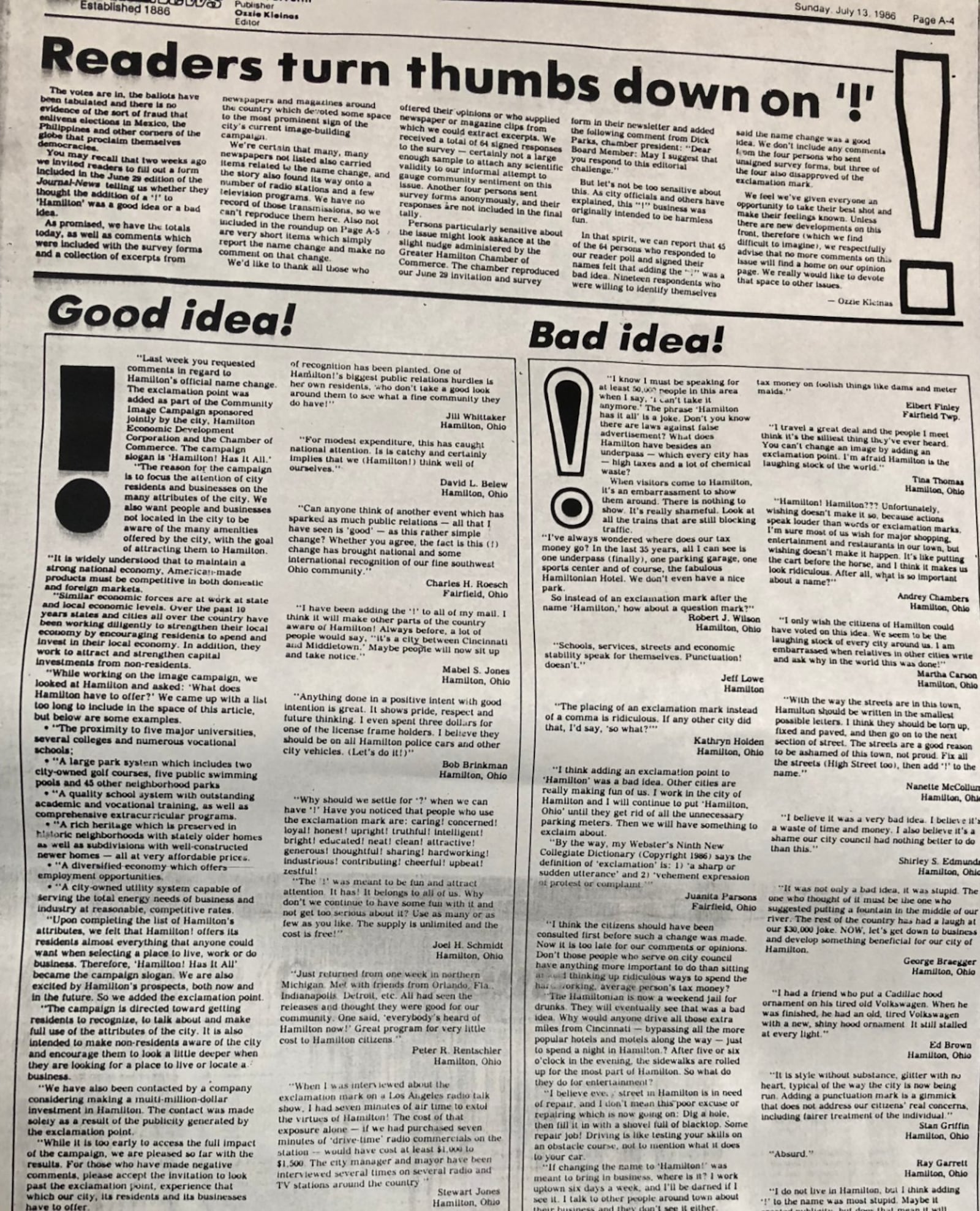 The Journal-News covered attention Hamilton received by attempting to add an exclamation point to the city's name in pages on July 13, 1986.