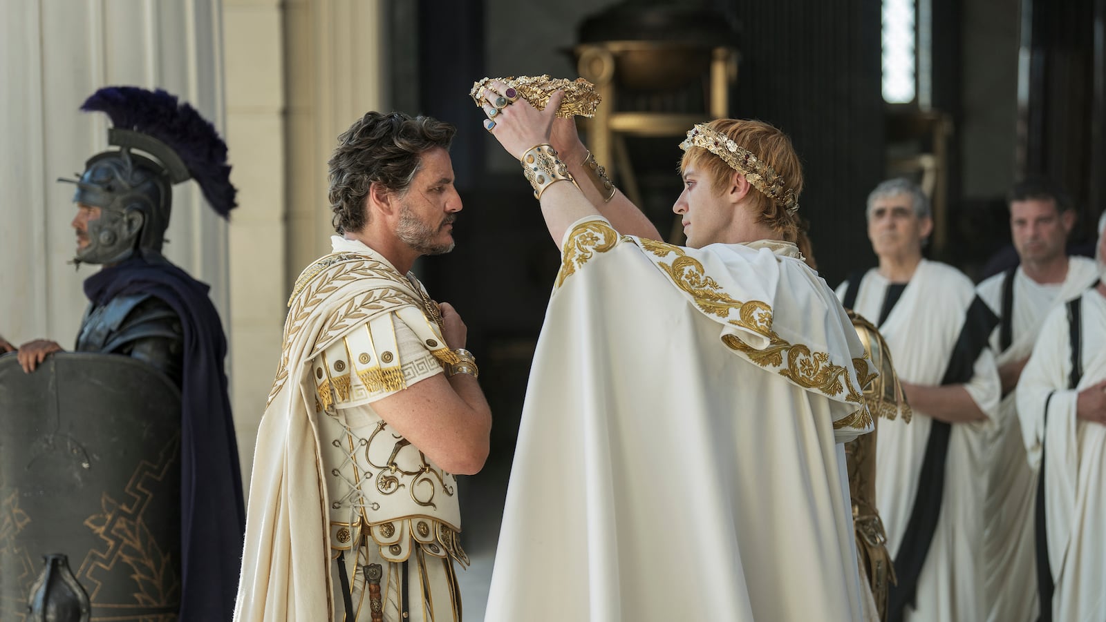 This image released by Paramount Pictures shows Pedro Pascal, left, and Joseph Quinn in a scene from "Gladiator II." (Aidan Monaghan/Paramount Pictures via AP)