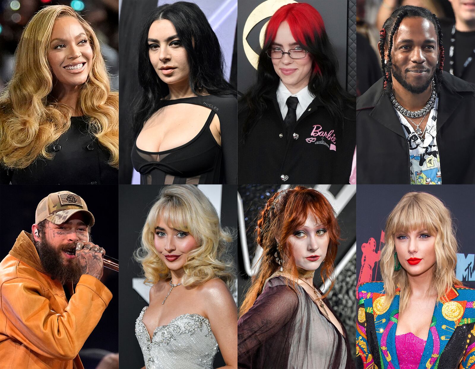 This combination of photos shows top Grammy Awards nominees, top row from left, Beyonce, Charli XCX, Billie Eilish, Kendrick Lamar, bottom row from left, Post Malone, Sabrina Carpenter, Chappell Roan and Taylor Swift. (AP Photo)