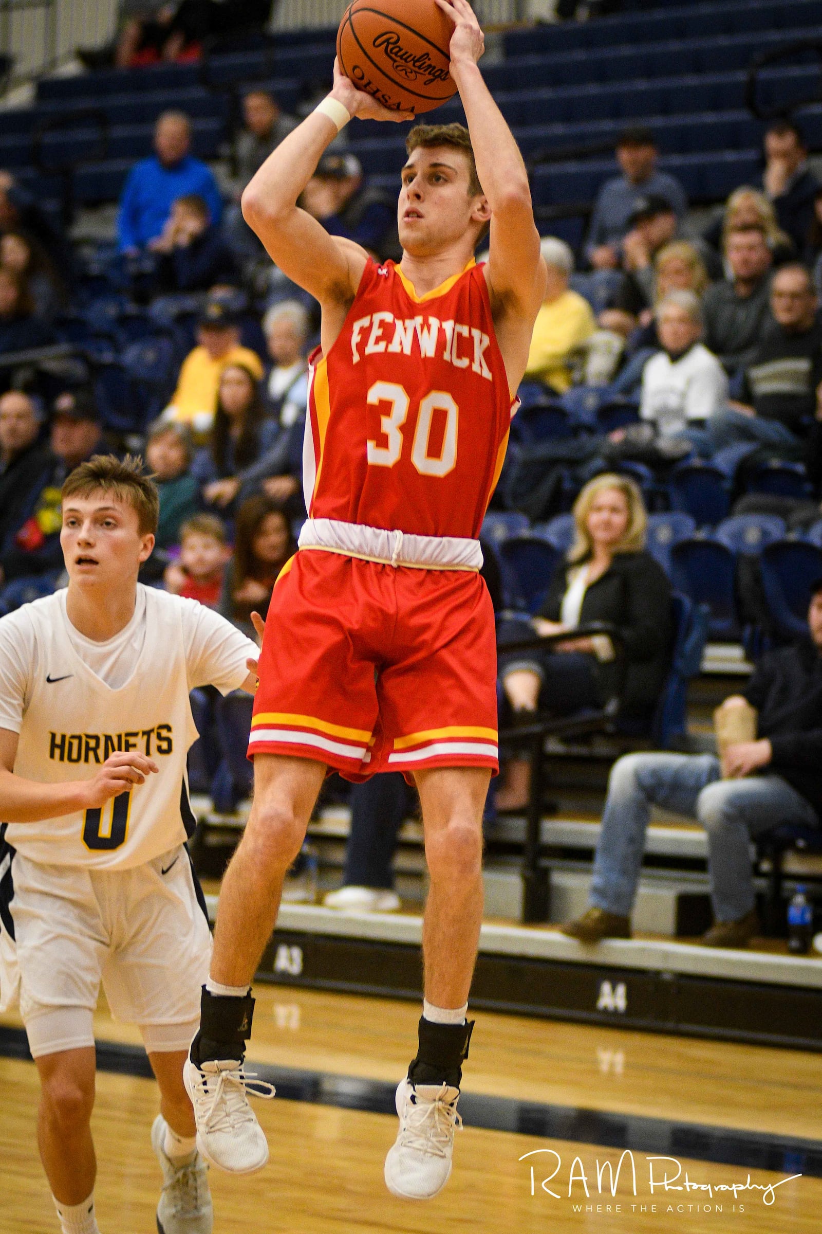 Fenwick's Travis Dahm (30) gets up a shot as Monroe's Will DeBord (0) trails during Wednesday night's Division II sectional basketball game at Fairmont's Trent Arena. Fenwick won 60-39. ROB MCCULLEY/RAM PHOTOGRAPHY