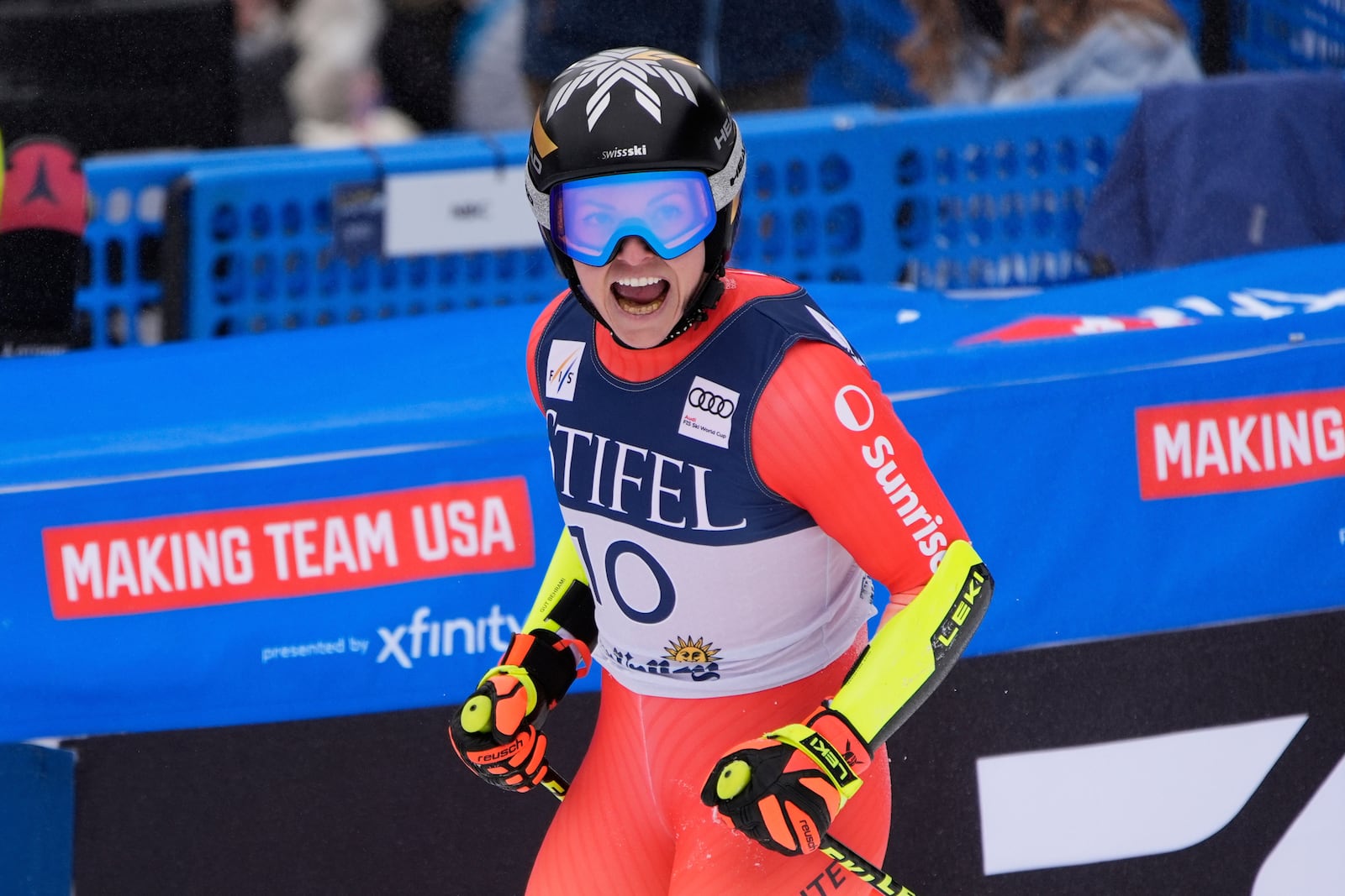 Switzerland's Lara Gut-Behrami reacts after her run during a women's super-G run at the World Cup Finals, Sunday, March 23, 2025, in Sun Valley, Idaho. (AP Photo/John Locher)