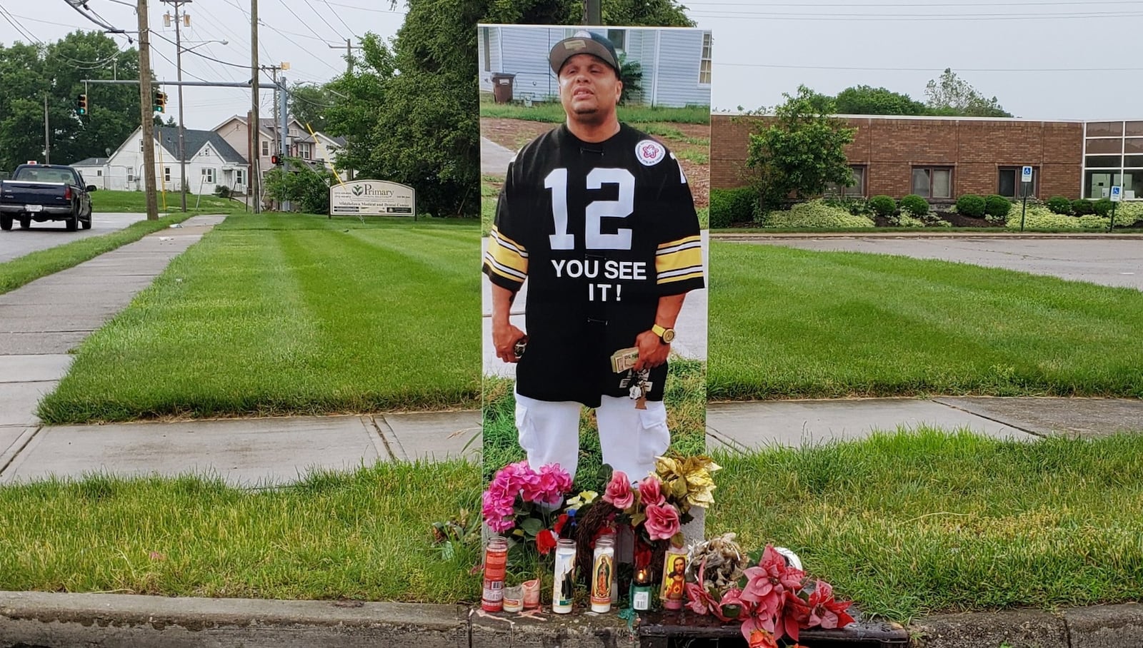 A large photo of Middletown homicide victim Benny Barefield was placed on Memorial Day at Ninth Avenue and Yankee Road near where he was shot. Barefield’s family hopes that it bring attention to his unsolved slaying. NICK GRAHAM/STAFF