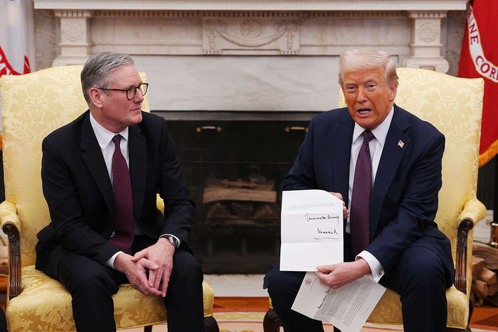 President Donald Trump and British Prime Minister Keir Starmer, left, at the White House, Thursday, Feb. 27, 2025, in Washington. (Carl Court/Pool via AP)