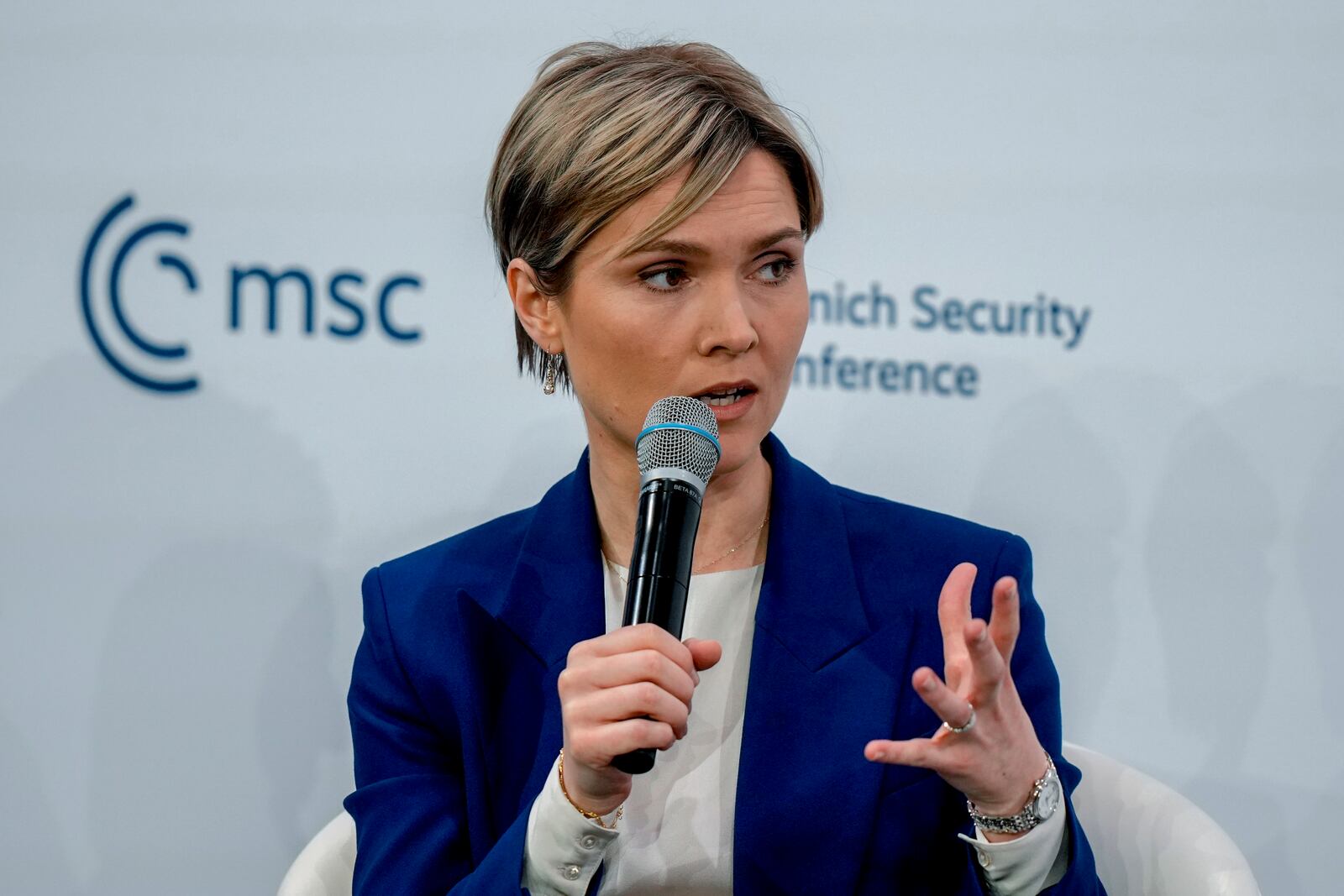 Kristrun Mjoll Frostadottir, Prime Minister of Iceland speaks as part of a panel discussion during the Munich Security Conference at the Bayerischer Hof Hotel in Munich, Germany, Sunday, Feb. 16, 2025. (AP Photo/Matthias Schrader)