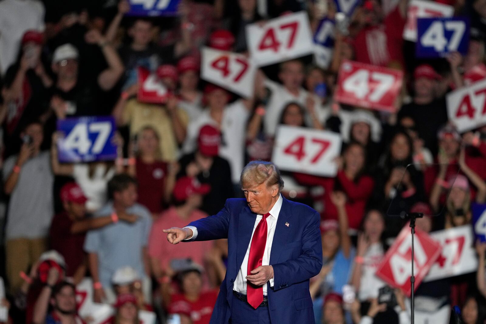 Republican presidential nominee former President Donald Trump departs after speaking at a campaign event at Mullett Arena, Thursday, Oct. 24, 2024, in Tempe, Ariz. (AP Photo/Matt York)