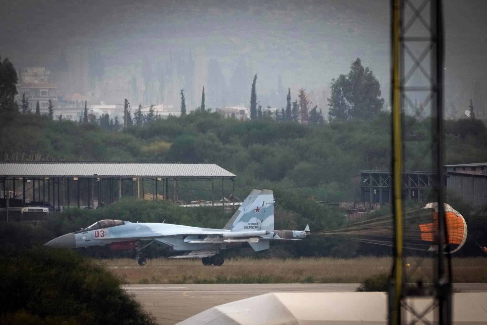 A Russian fighter jet taxi on the tarmac of the Hmeimim Air Base, a Syrian airbase currently operated by Russia, located southeast of the city of Latakia in the town of Hmeimim, Syria, on Monday, Dec.16, 2024. (AP Photo/Leo Correa)