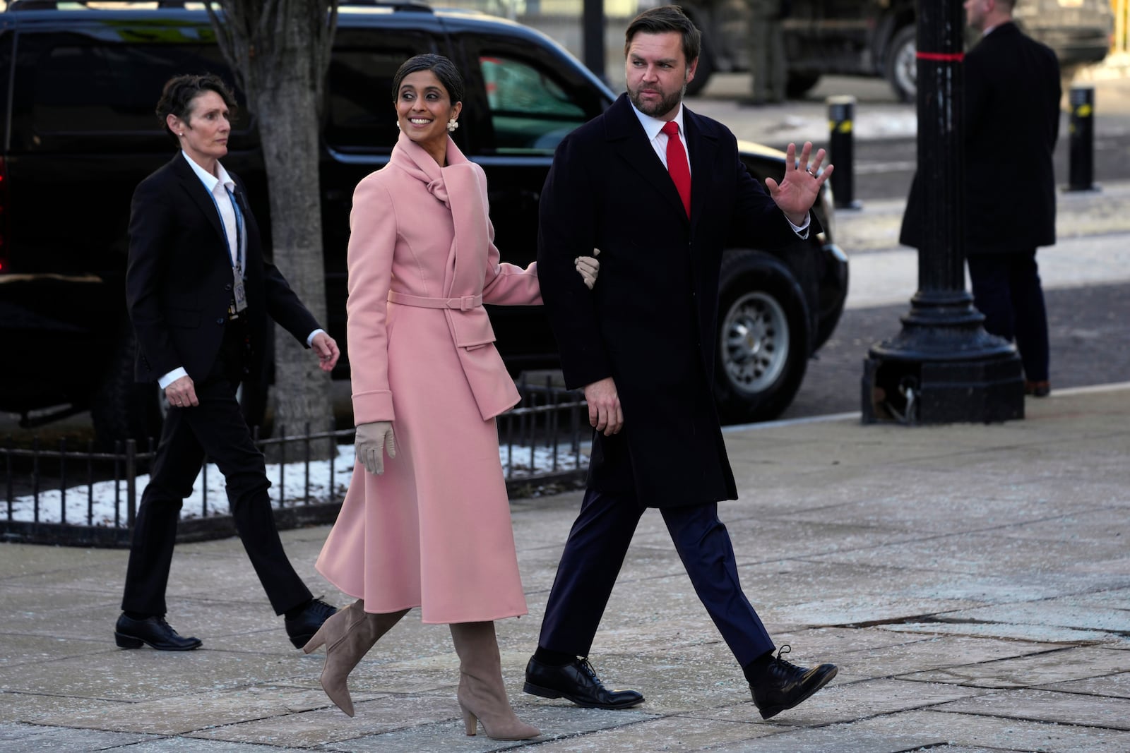 Vice President-elect JD Vance and his wife, Usha Vance arrive for a church service to be attended by President-elect Donald Trump and his wife Melania at St. John's Episcopal Church across from the White House in Washington, Monday, Jan. 20, 2025, on Donald Trump's inauguration day. (AP Photo/Matt Rourke)