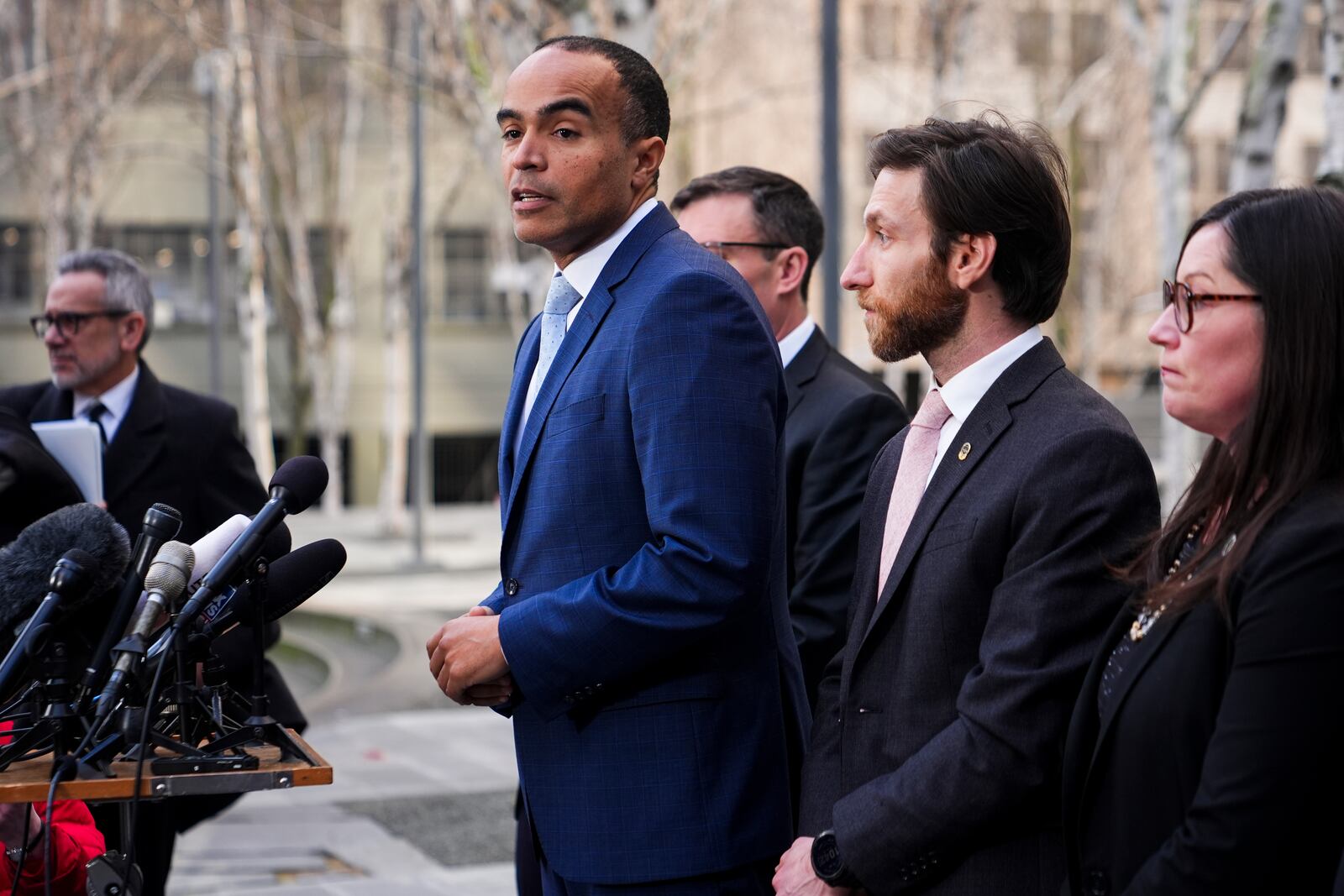 Washington Attorney General Nick Brown speaks during a press availability after a federal judge temporarily blocked President Donald Trump's executive order aimed at ending birthright citizenship in a case brought by the states of Washington, Arizona, Illinois and Oregon, on Thursday, Jan. 23, 2025, in Seattle. (AP Photo/Lindsey Wasson)